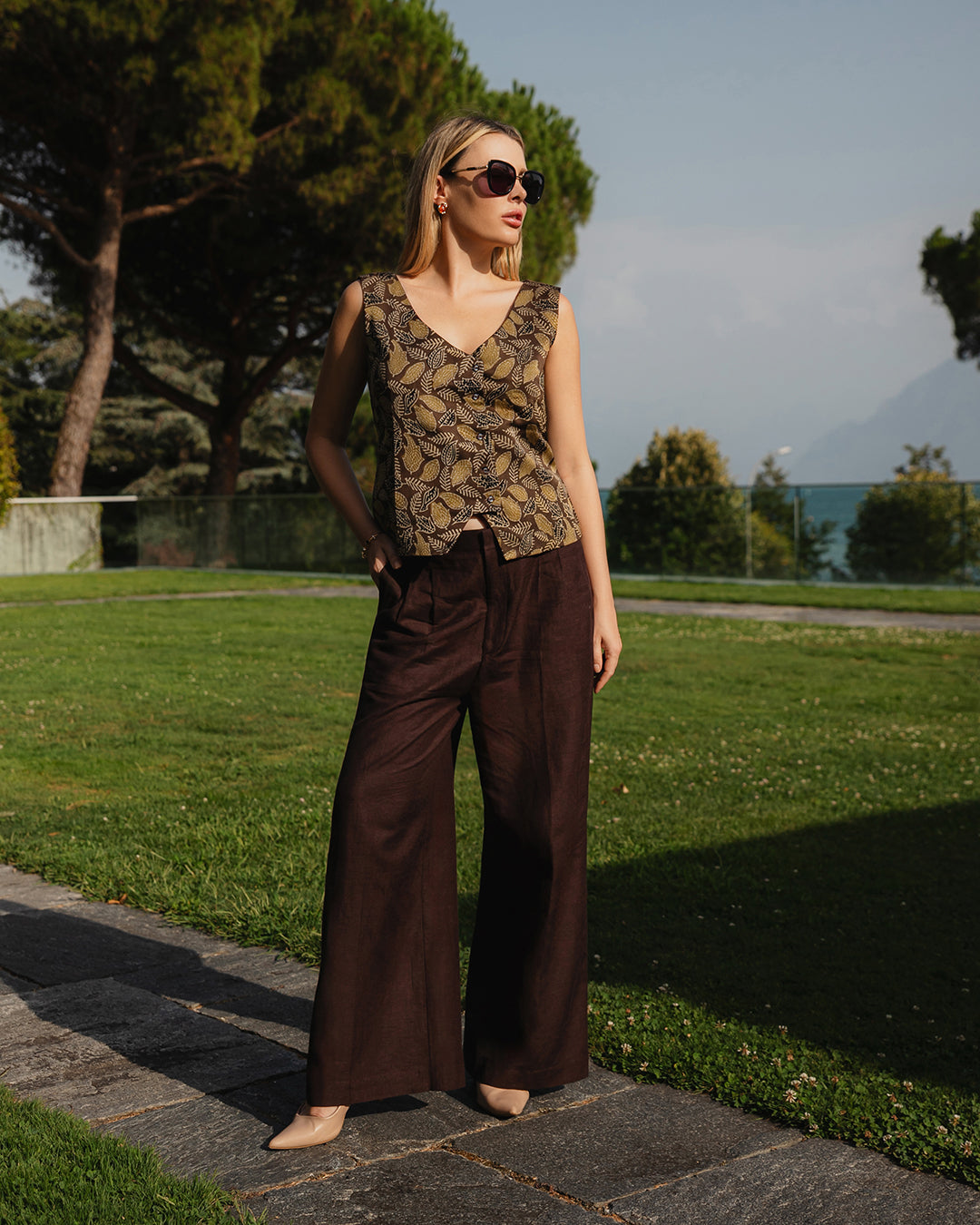 Brown Ajrakh Printed WaistCoat Top with Brown Trousers