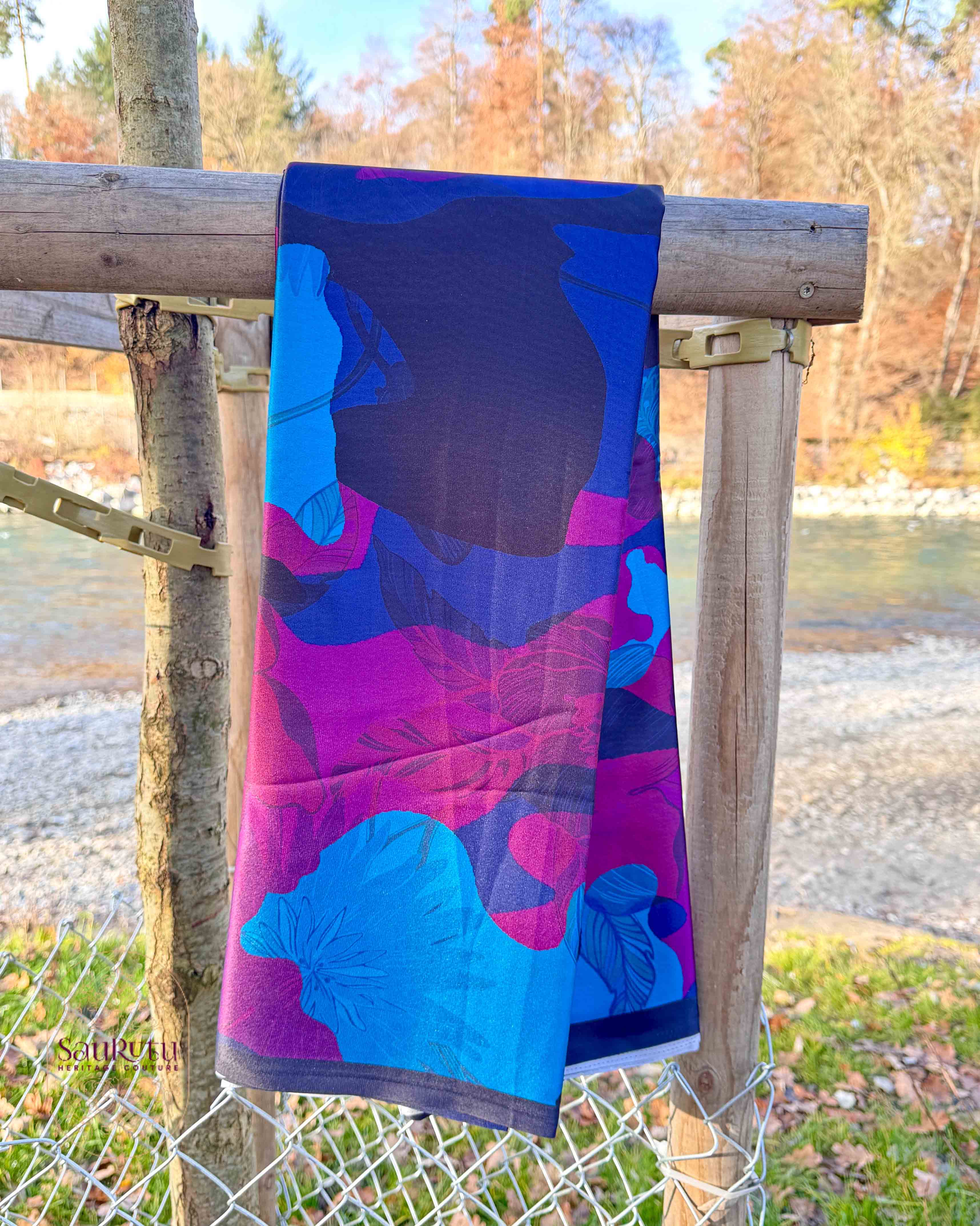 Ajrak-Inspired Digital Japan Satin Saree in Rich Indigo, Plum, and Teal hues