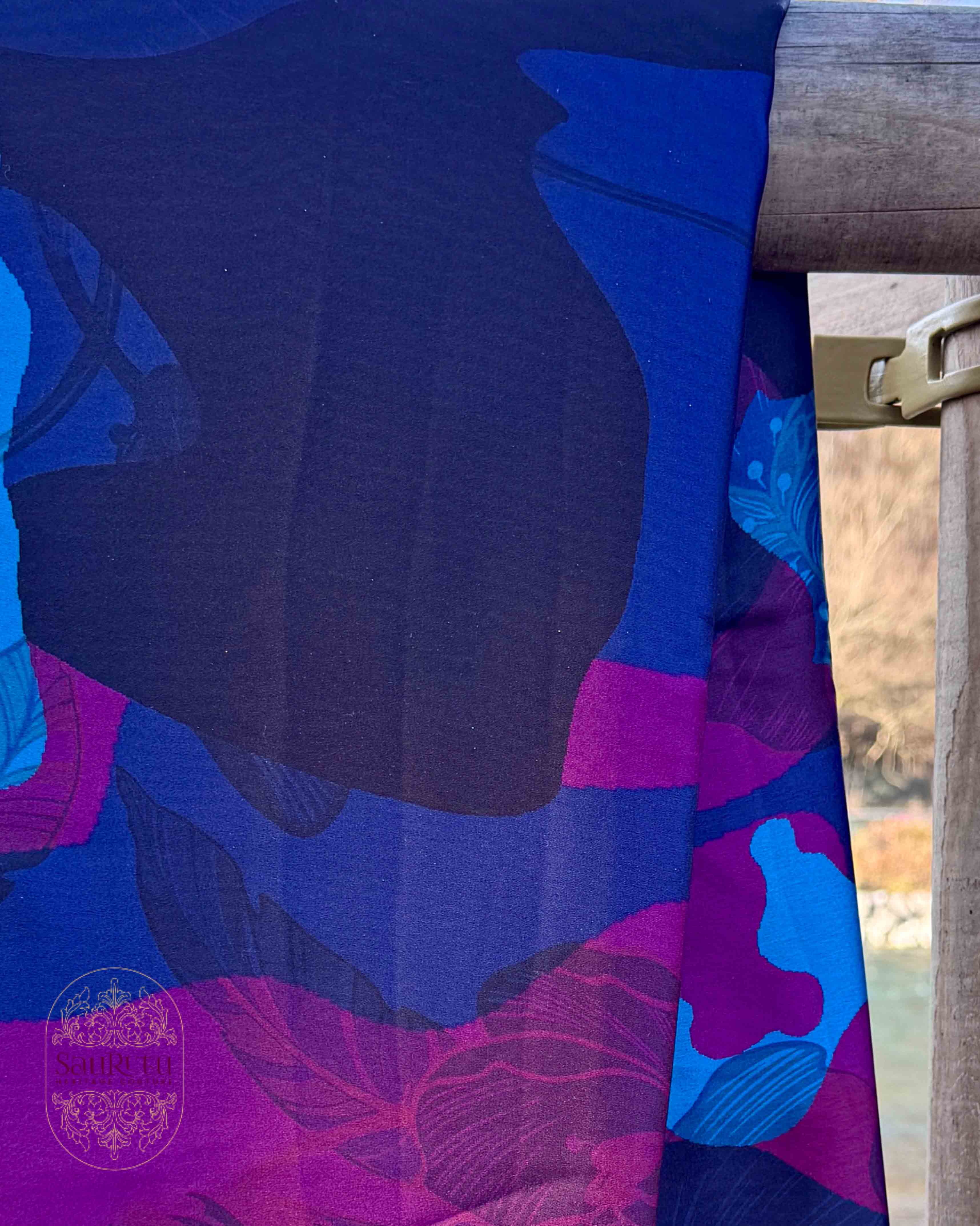 Ajrak-Inspired Digital Japan Satin Saree in Rich Indigo, Plum, and Teal hues