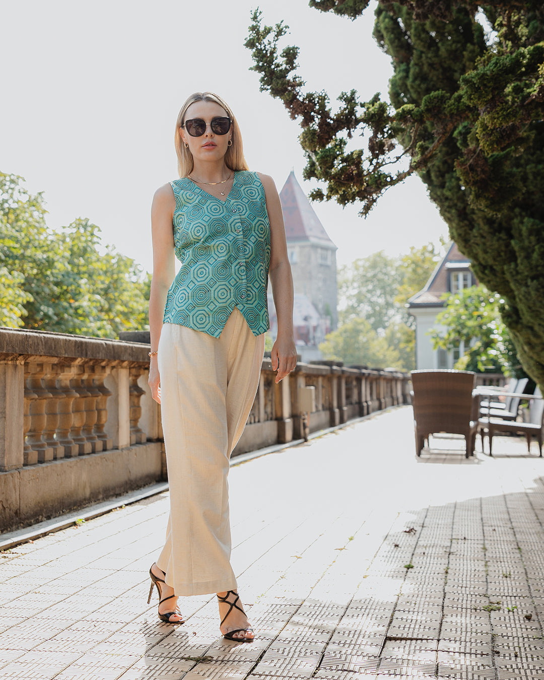 Blue Silk Waist Coat Top with Cotton Trousers