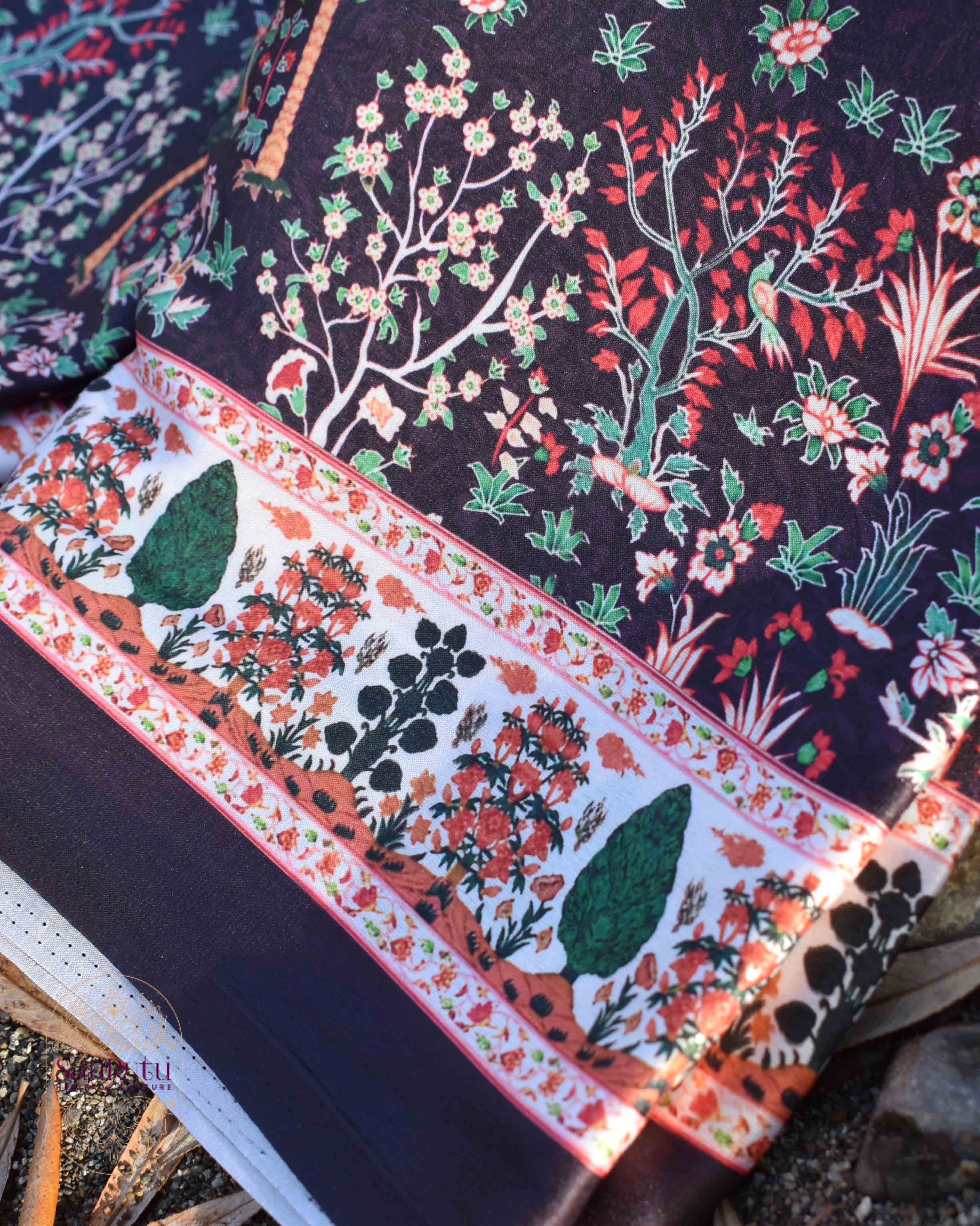 Brown Ajrakh-Inspired Satin Saree