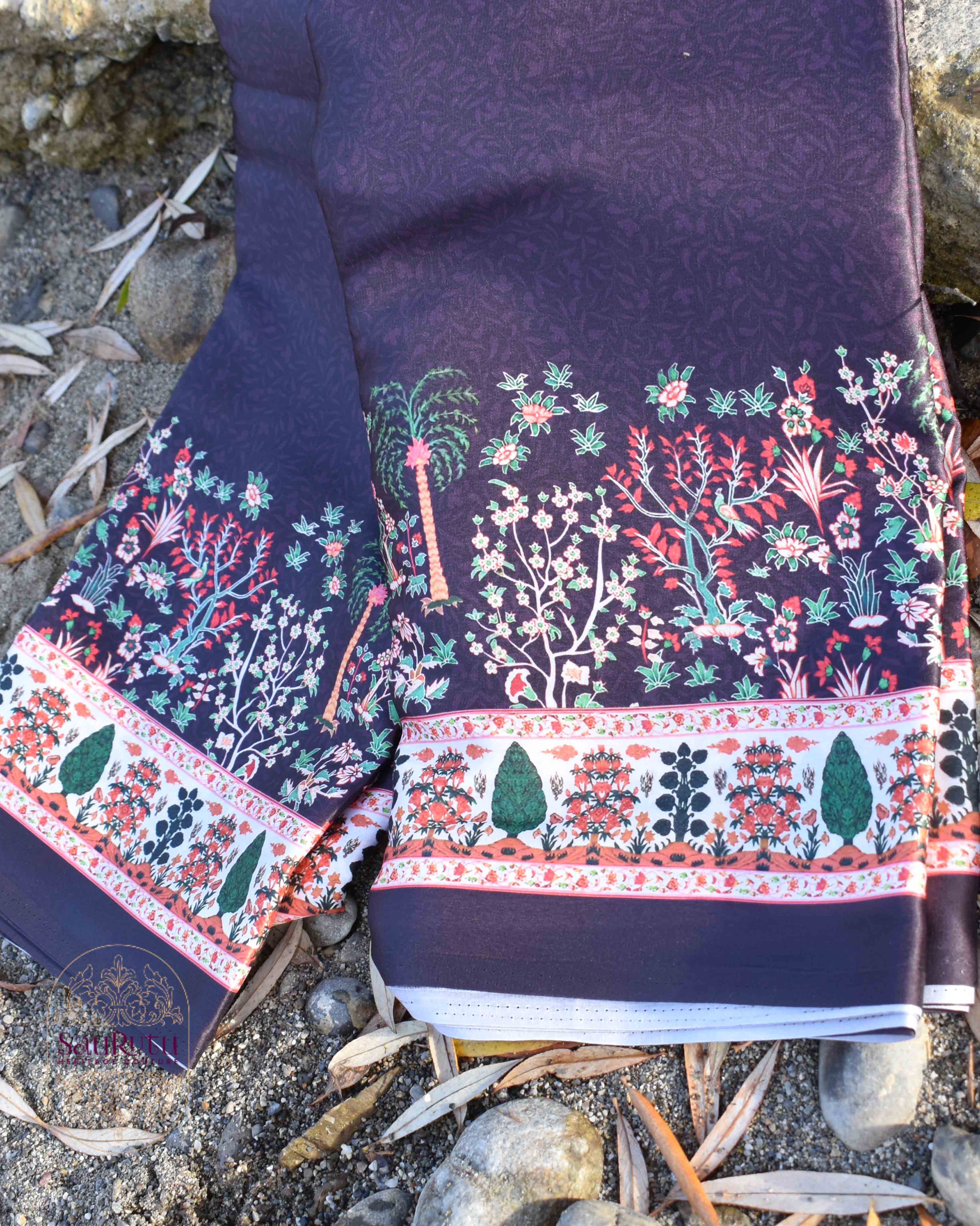 Brown Ajrakh-Inspired Satin Saree