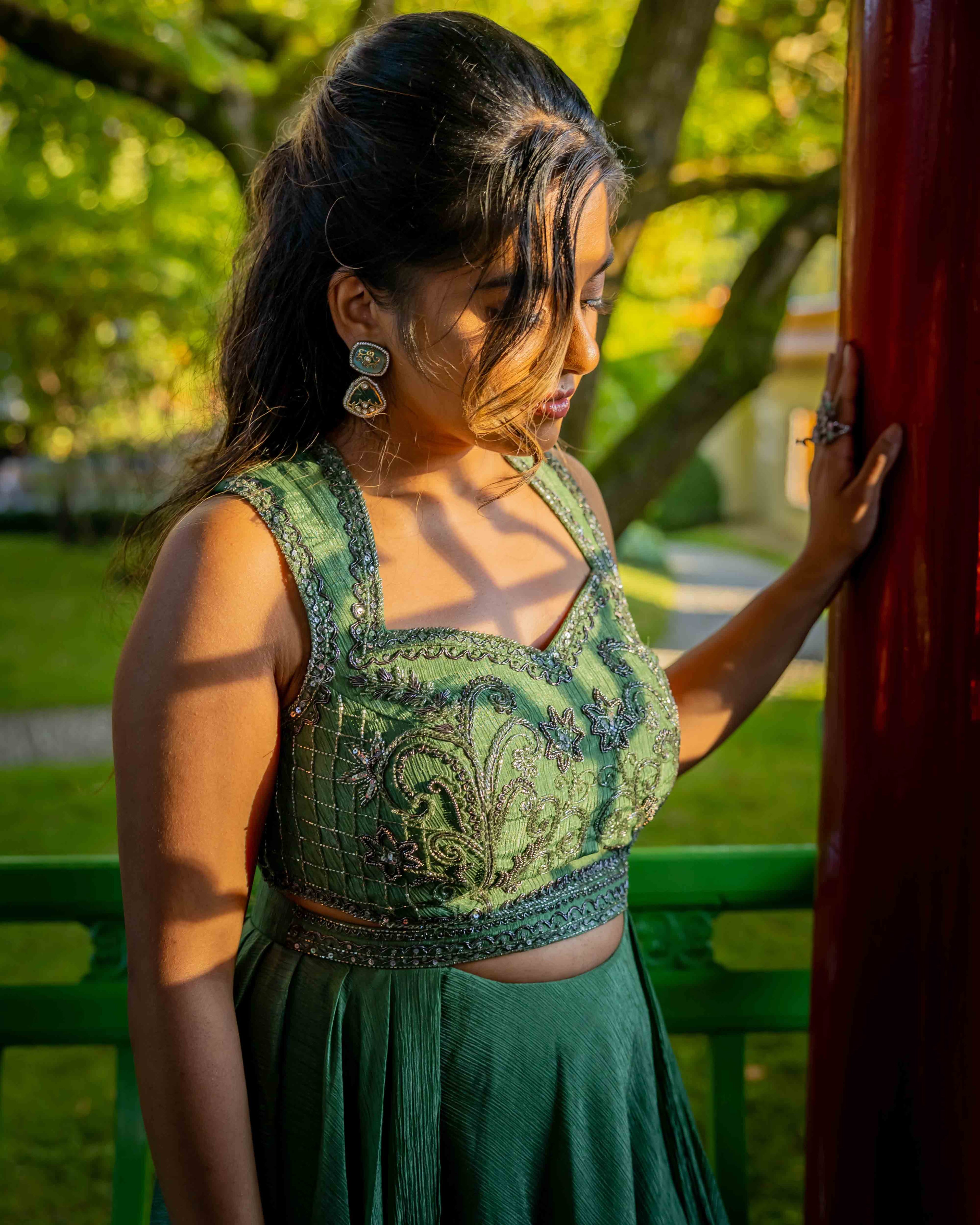 Green Embroidered Sleeveless Gown