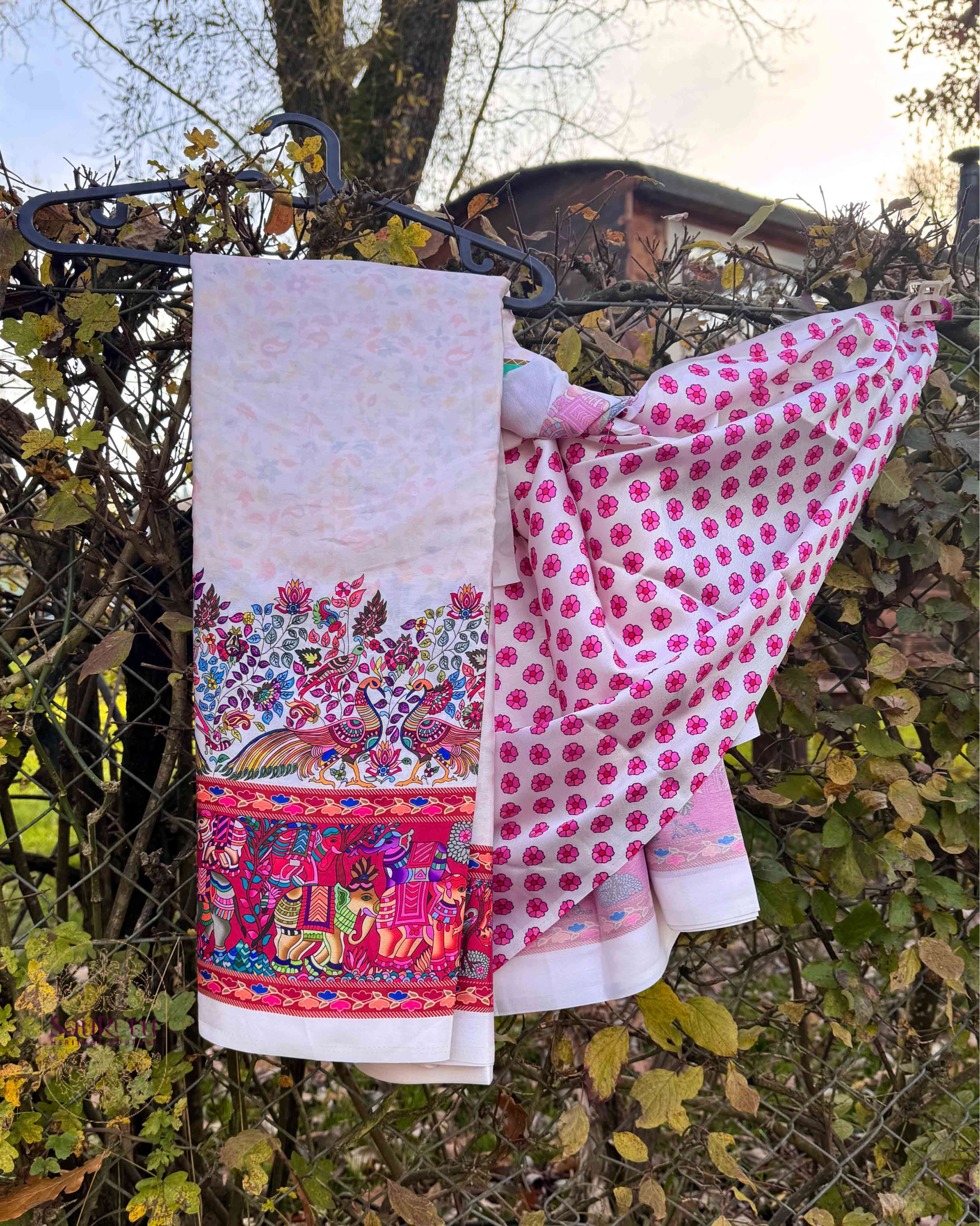 Ivory Ajrakh Border Satin Saree