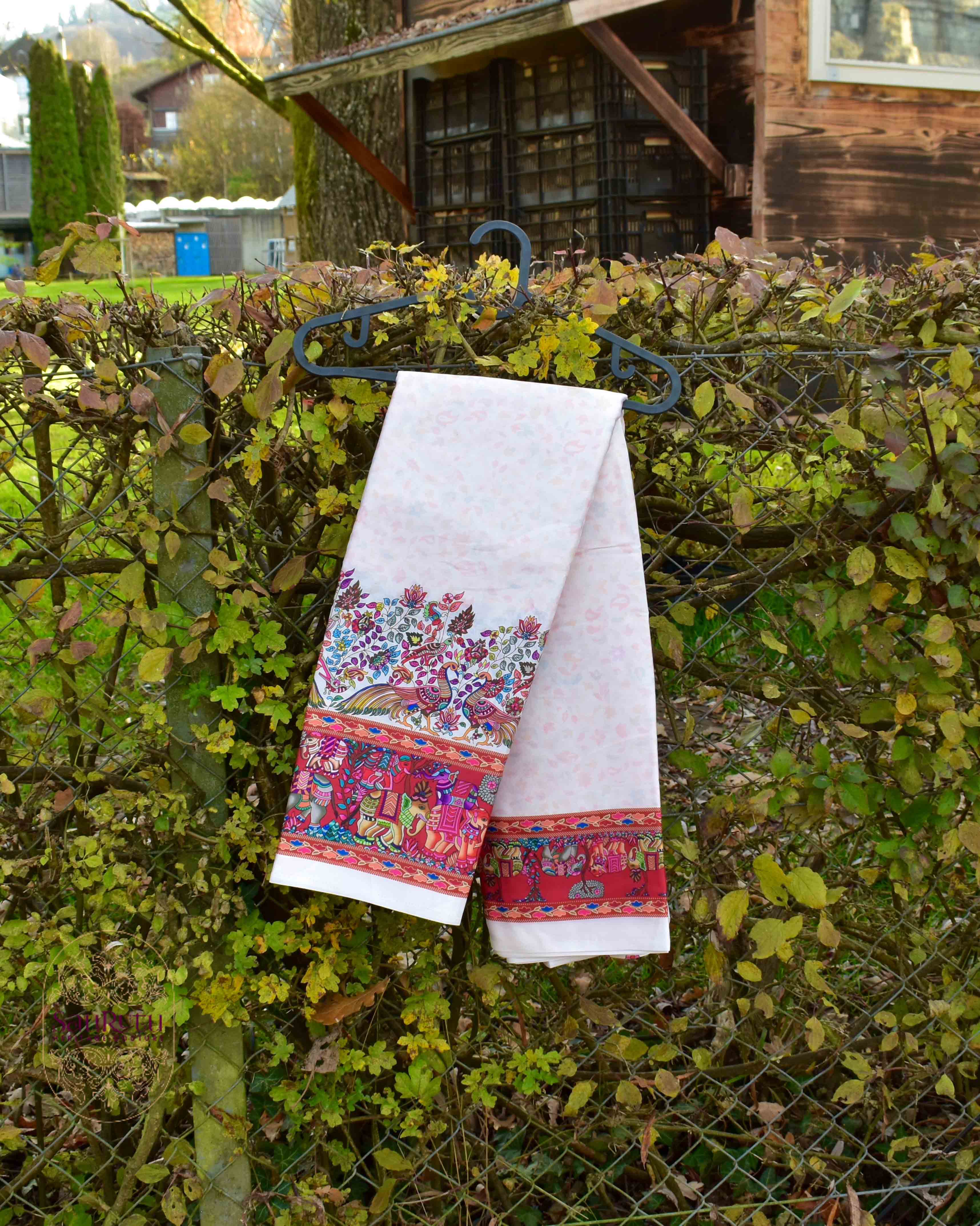 Ivory Ajrakh Border Satin Saree