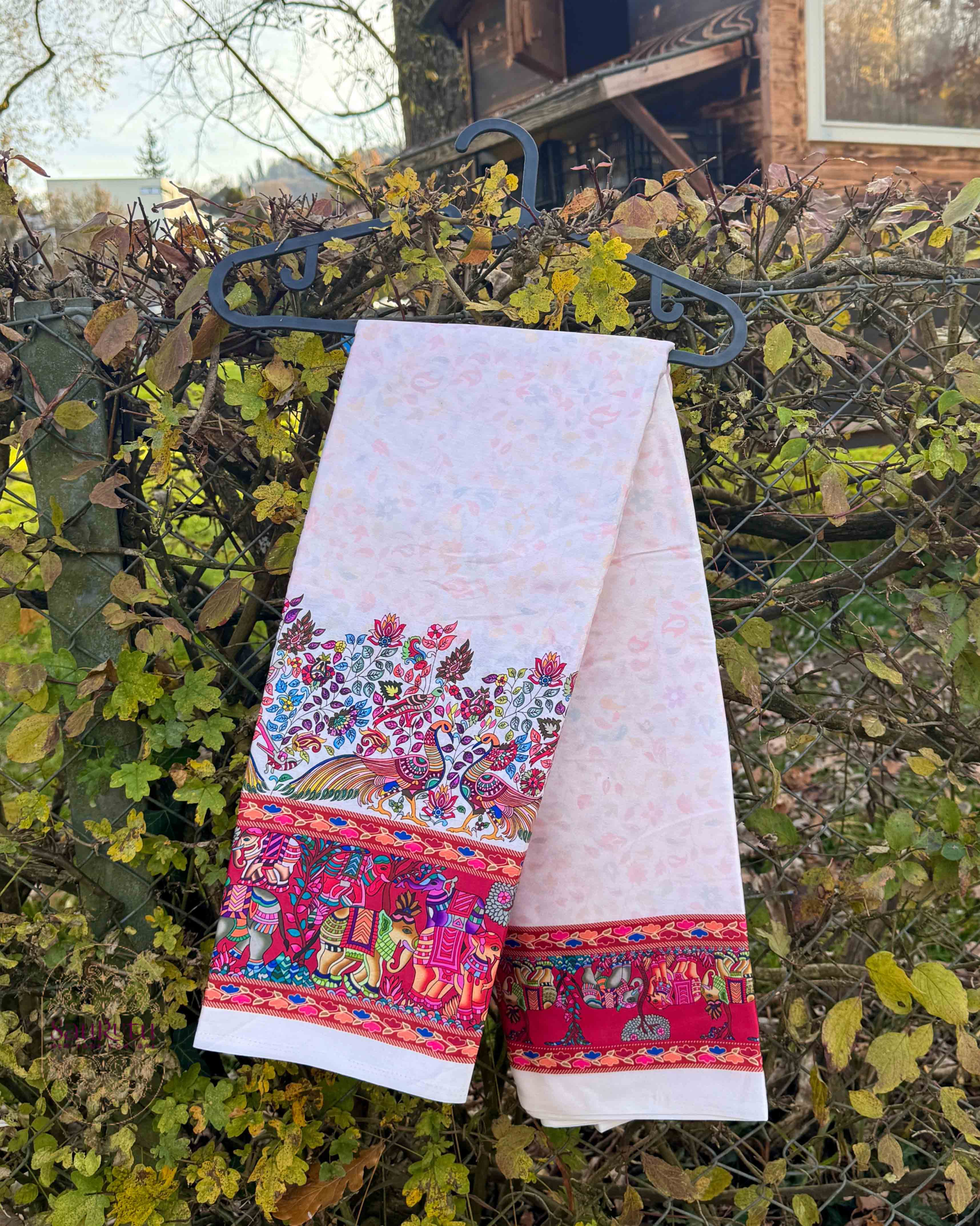 Ivory Ajrakh Border Satin Saree