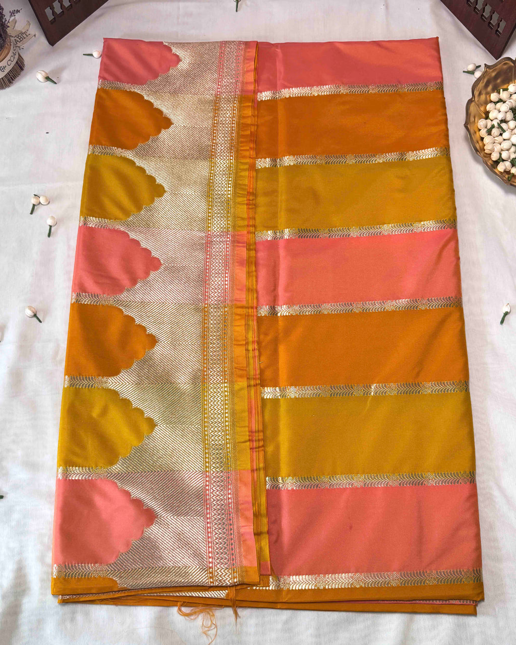 Yellow Pink Banarasi Silk Saree