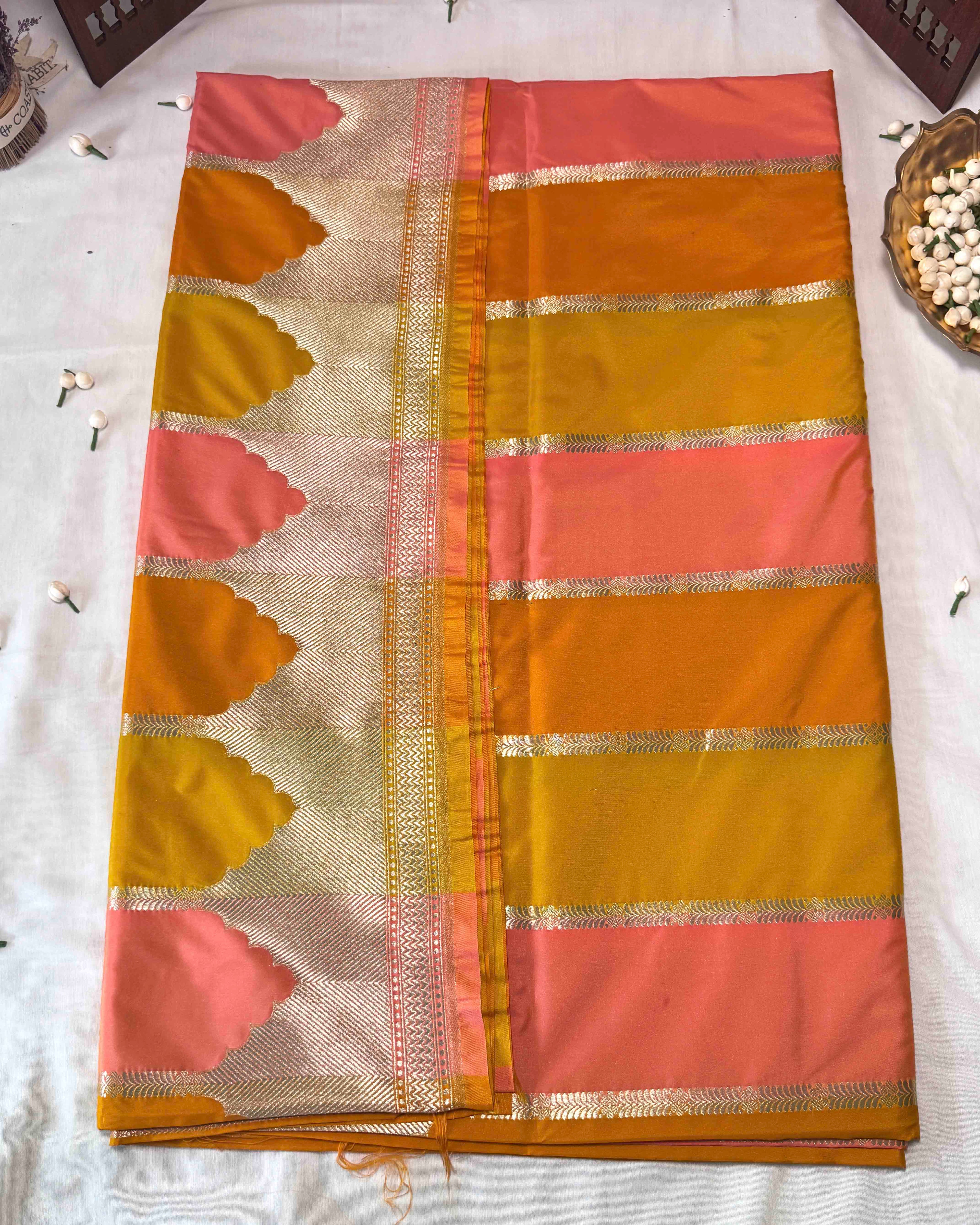 Yellow Pink Banarasi Silk Saree
