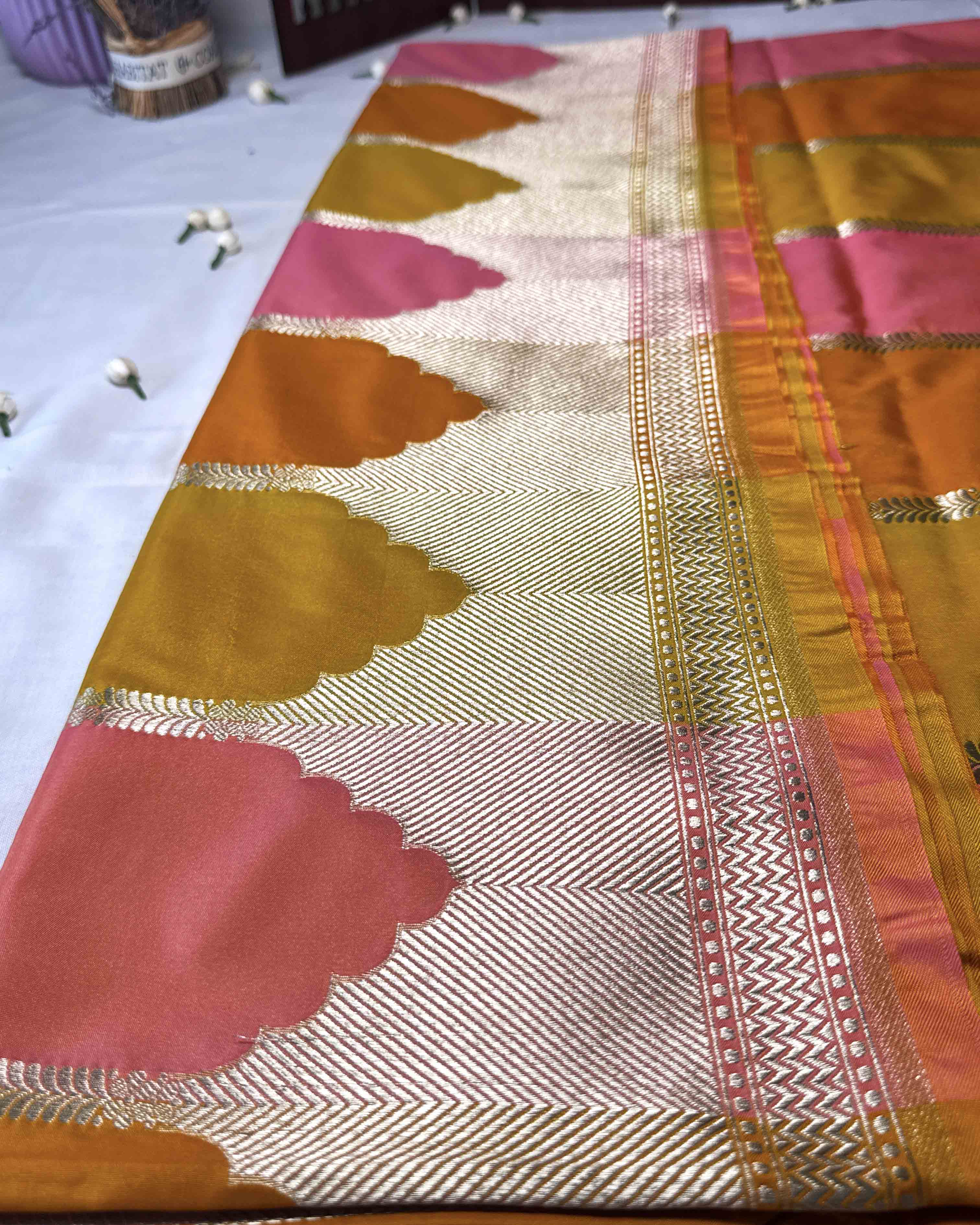 Yellow Pink Banarasi Silk Saree