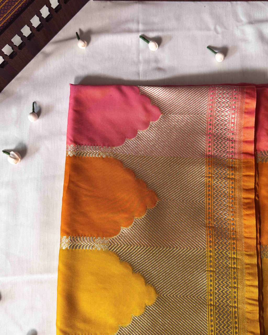 Yellow Pink Banarasi Silk Saree