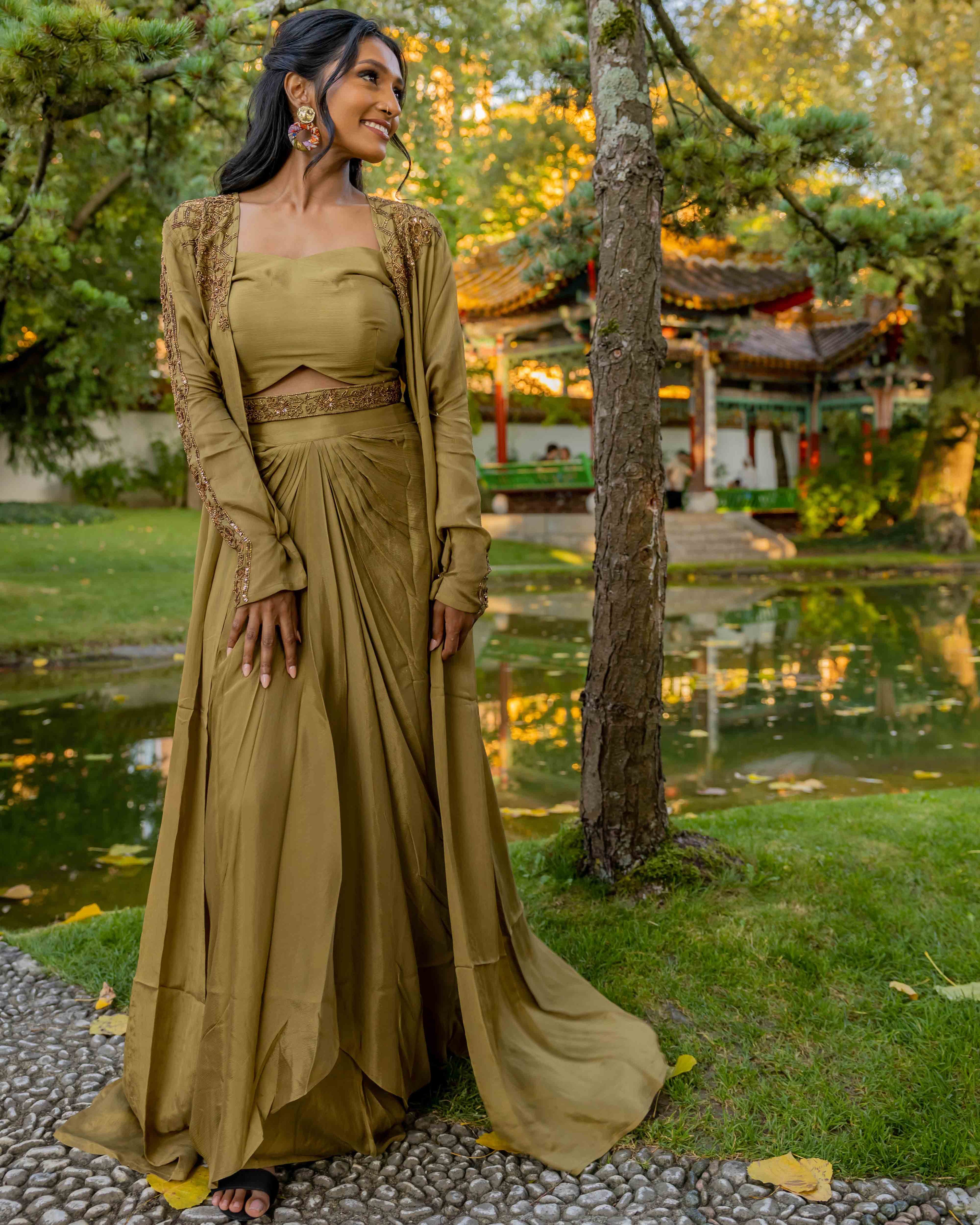 Golden Dhoti Style Draped Skirt Set