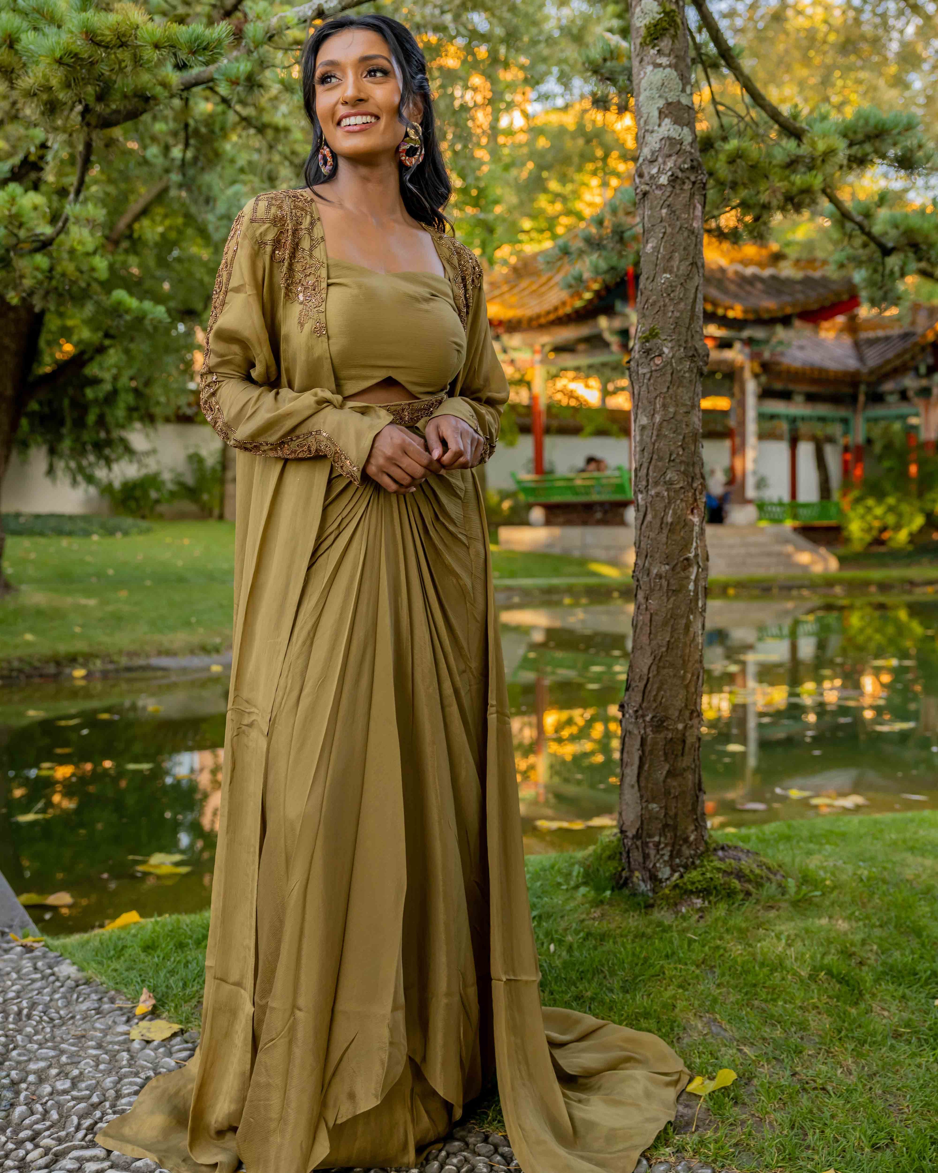 Golden Dhoti Style Draped Skirt Set