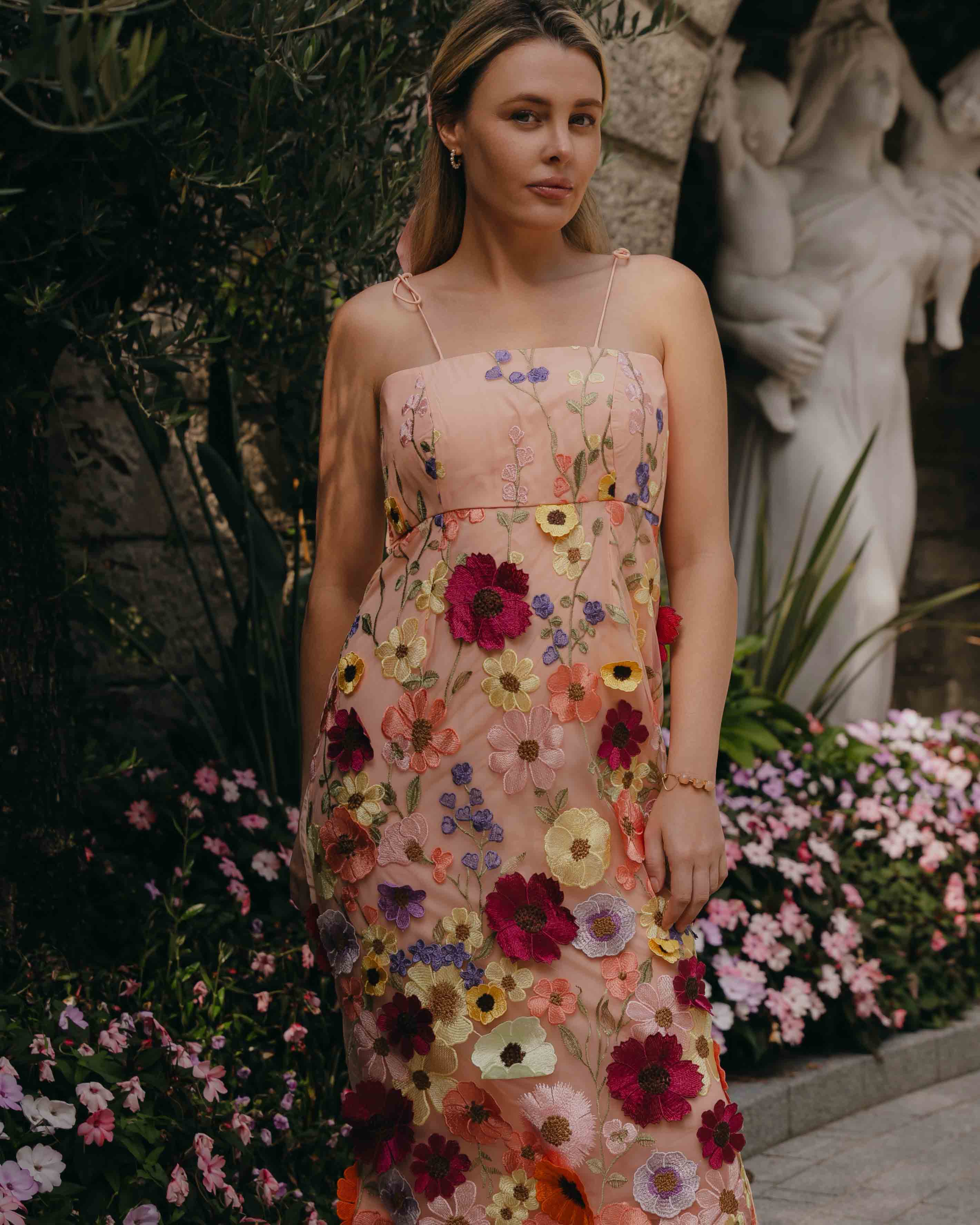 Pink Net Floral Embroidery Midi Dress