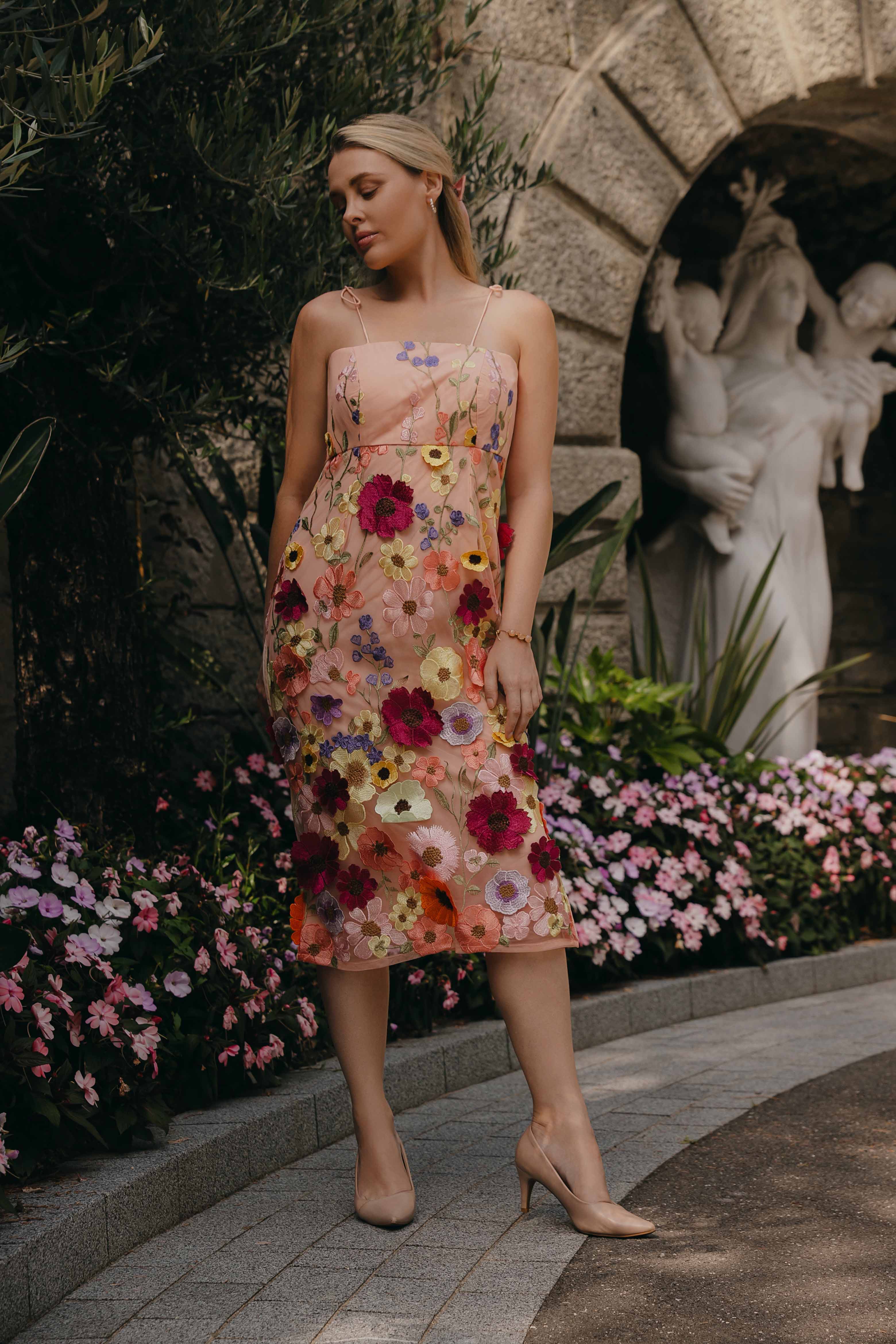 Pink Net Floral Embroidery Midi Dress