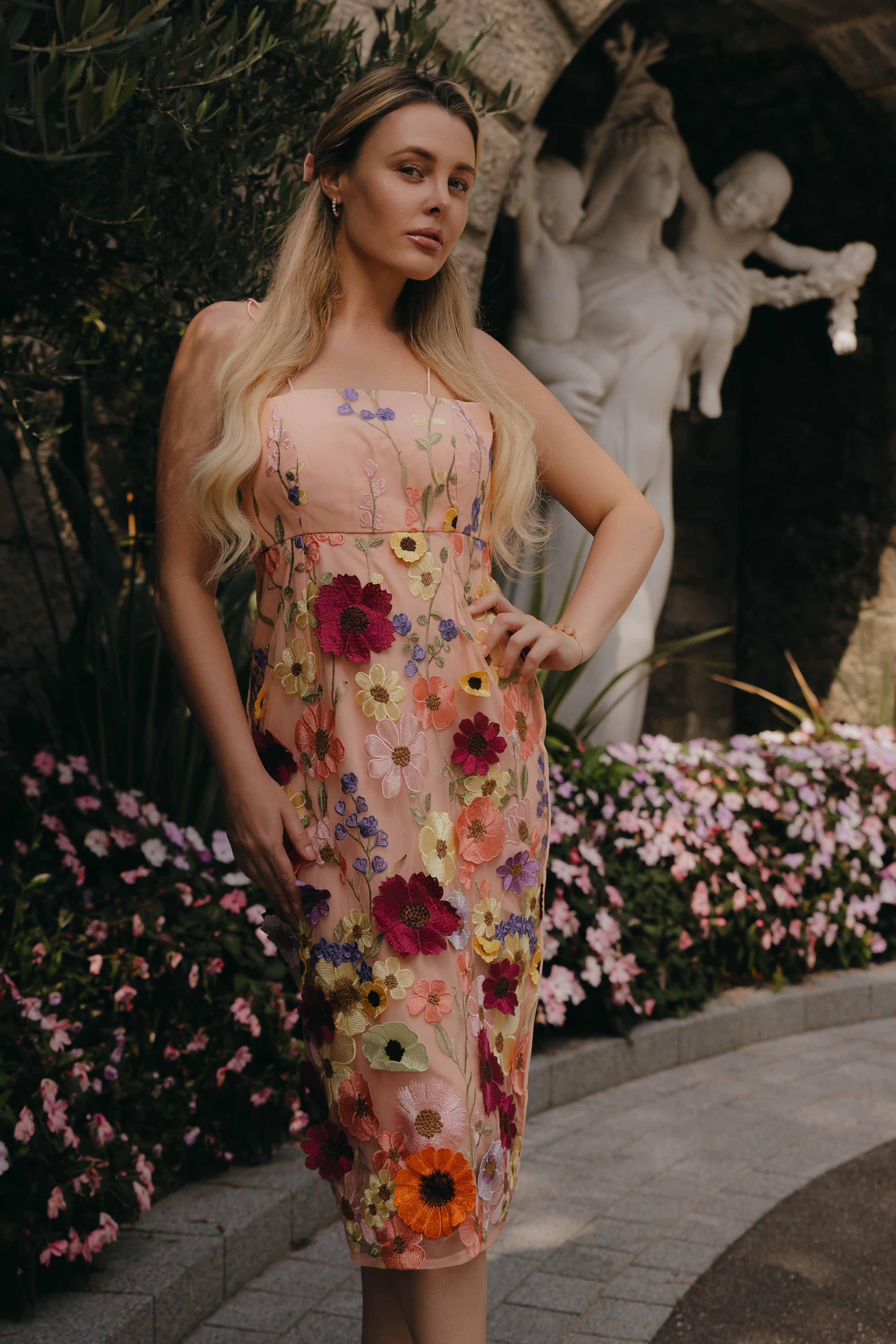 Pink Net Floral Embroidery Midi Dress