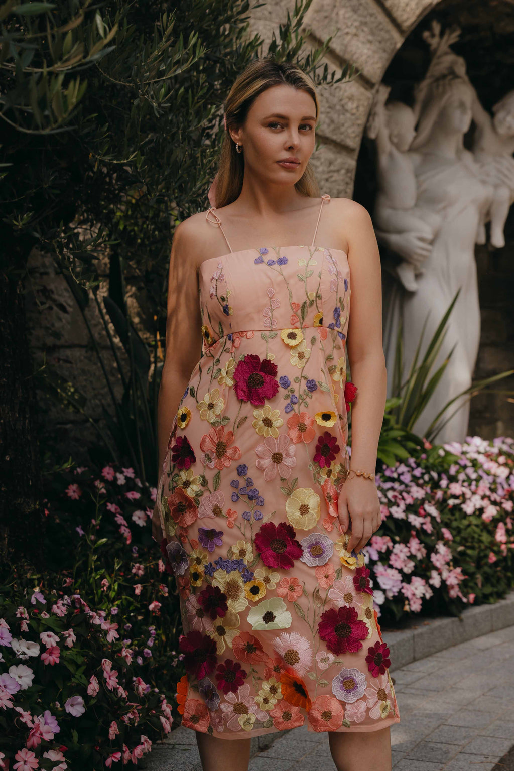 Pink Net Floral Embroidery Midi Dress