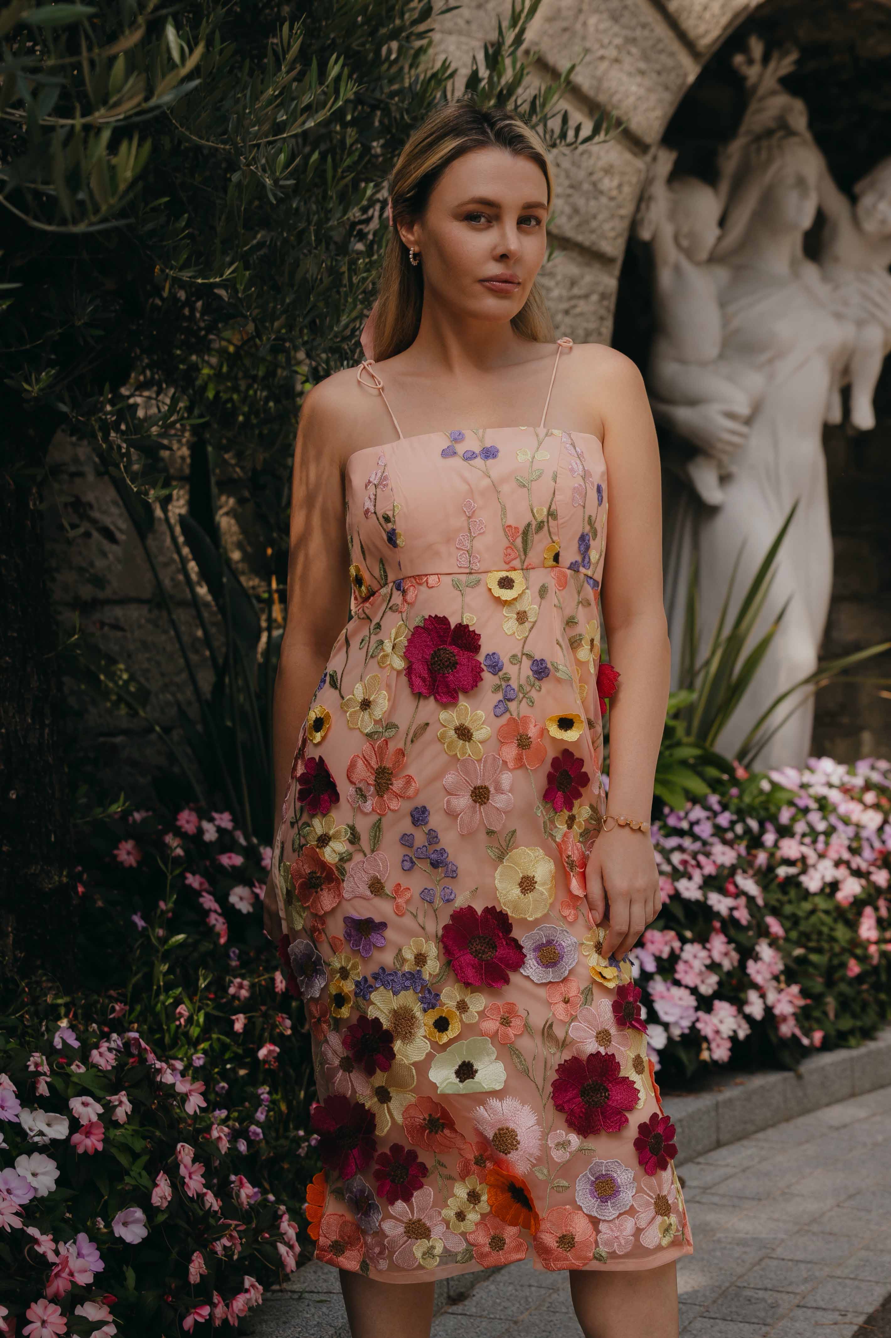 Pink Net Floral Embroidery Midi Dress