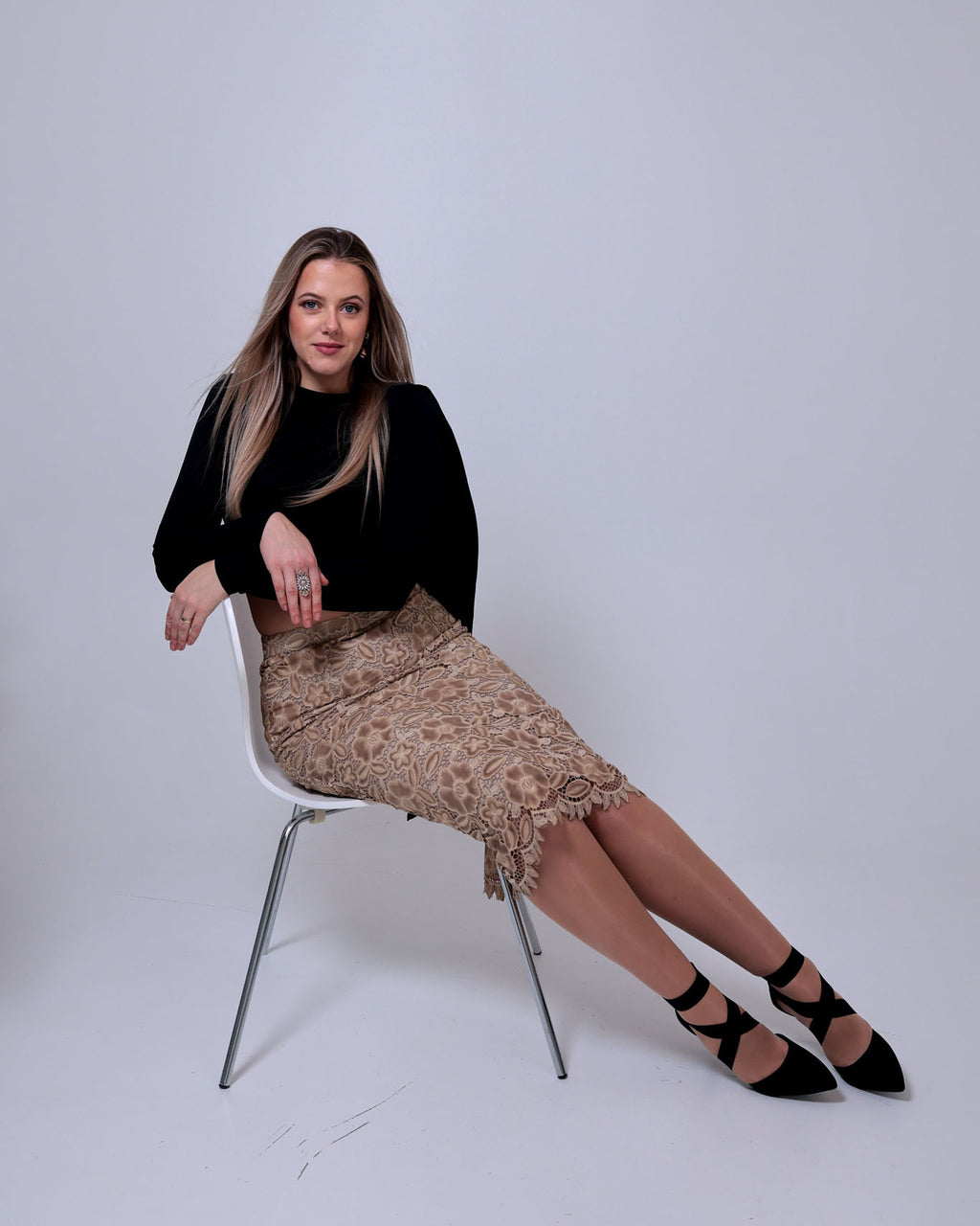 Tan Cutwork Cotton Pencil Skirt