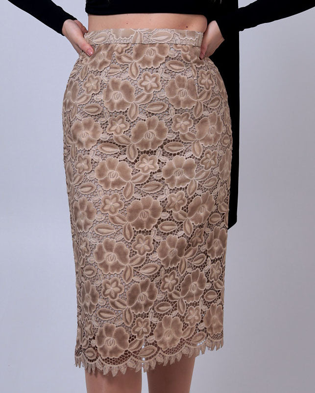 Tan Cutwork Cotton Pencil Skirt