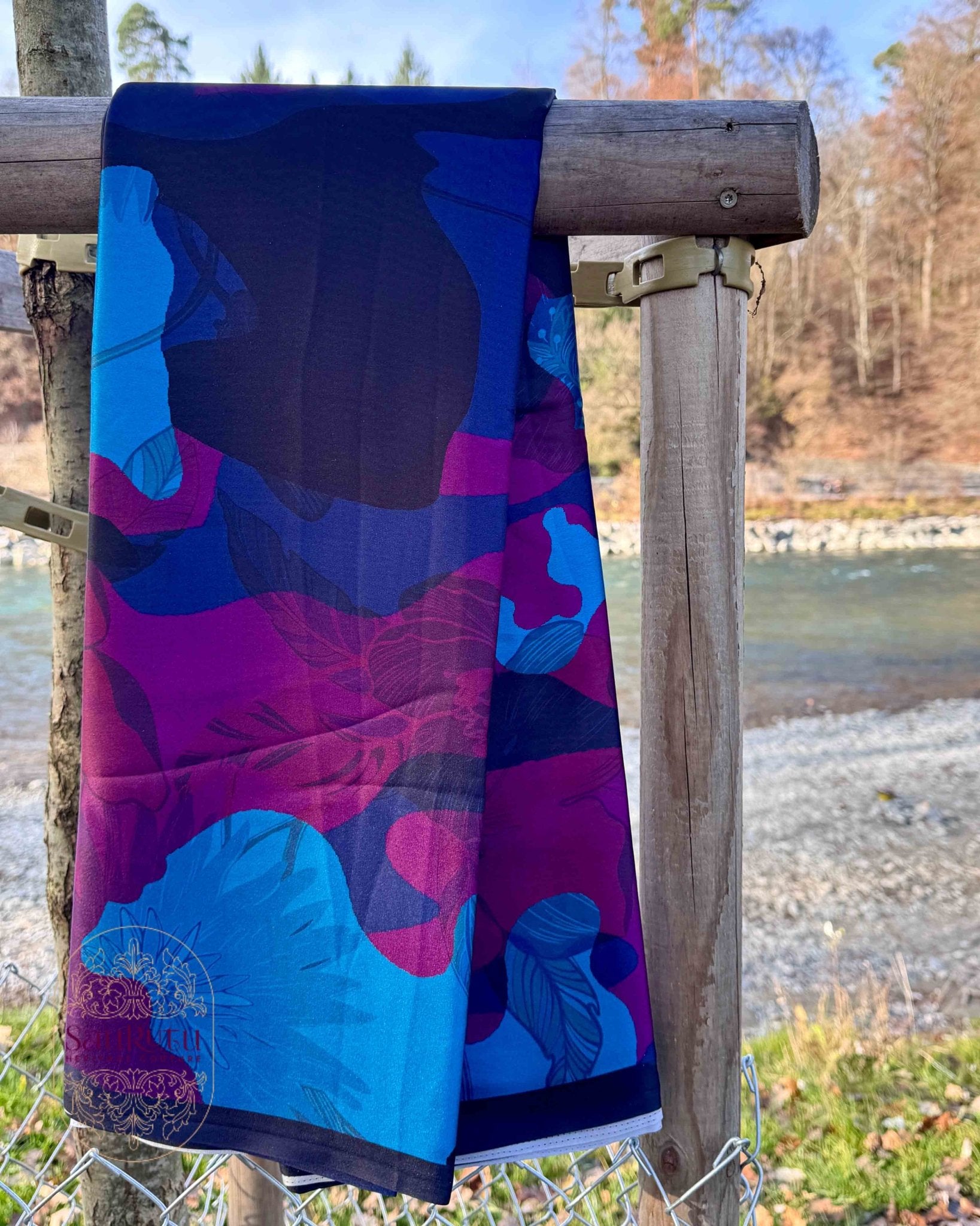 Ajrak - Inspired Digital Japan Satin Saree in Rich Indigo, Plum, and Teal hues - Saurutu Heritage Couture