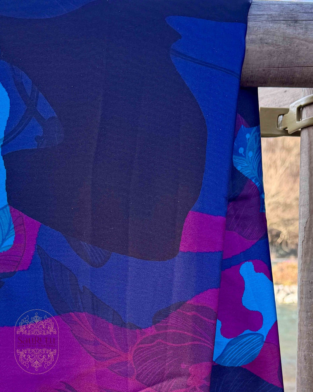 Ajrak - Inspired Digital Japan Satin Saree in Rich Indigo, Plum, and Teal hues - Saurutu Heritage Couture