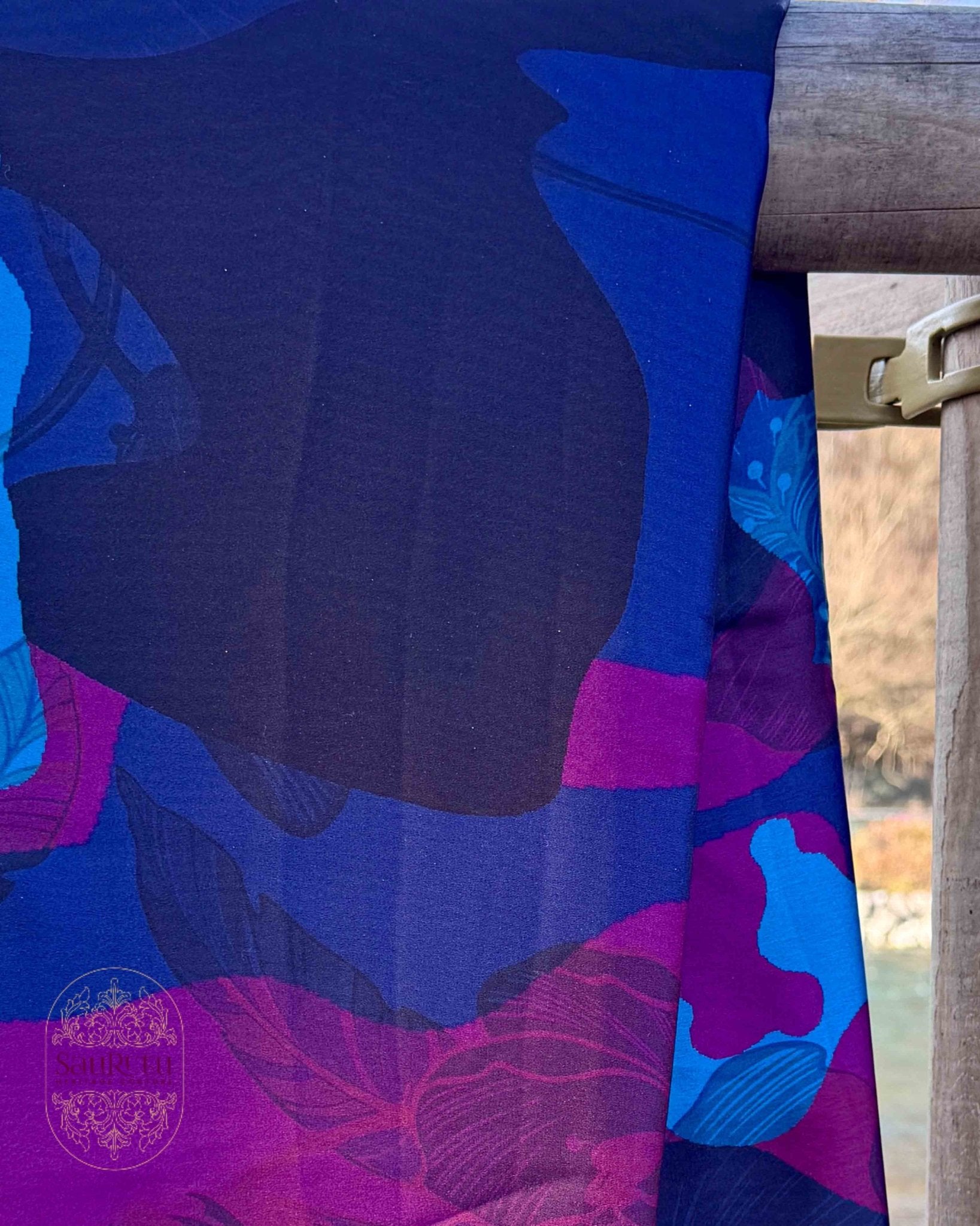 Ajrak - Inspired Digital Japan Satin Saree in Rich Indigo, Plum, and Teal hues - Saurutu Heritage Couture