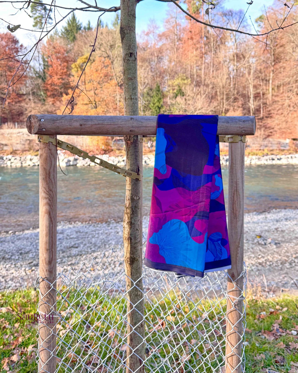 Ajrak - Inspired Digital Japan Satin Saree in Rich Indigo, Plum, and Teal hues - Saurutu Heritage Couture