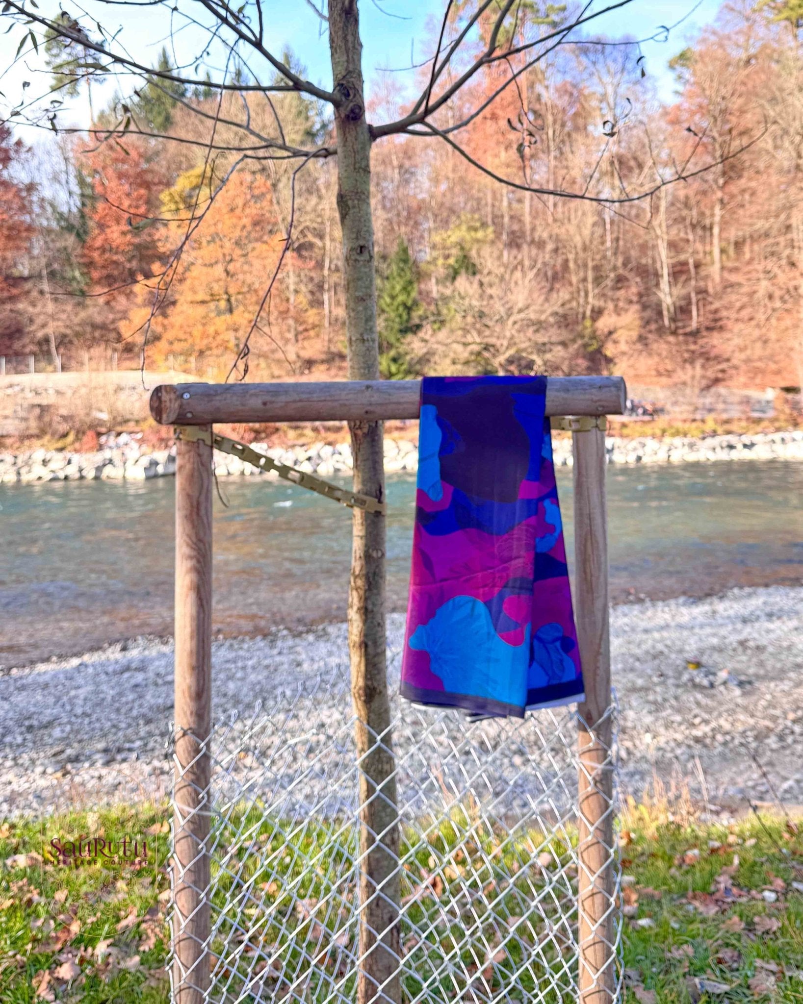 Ajrak - Inspired Digital Japan Satin Saree in Rich Indigo, Plum, and Teal hues - Saurutu Heritage Couture