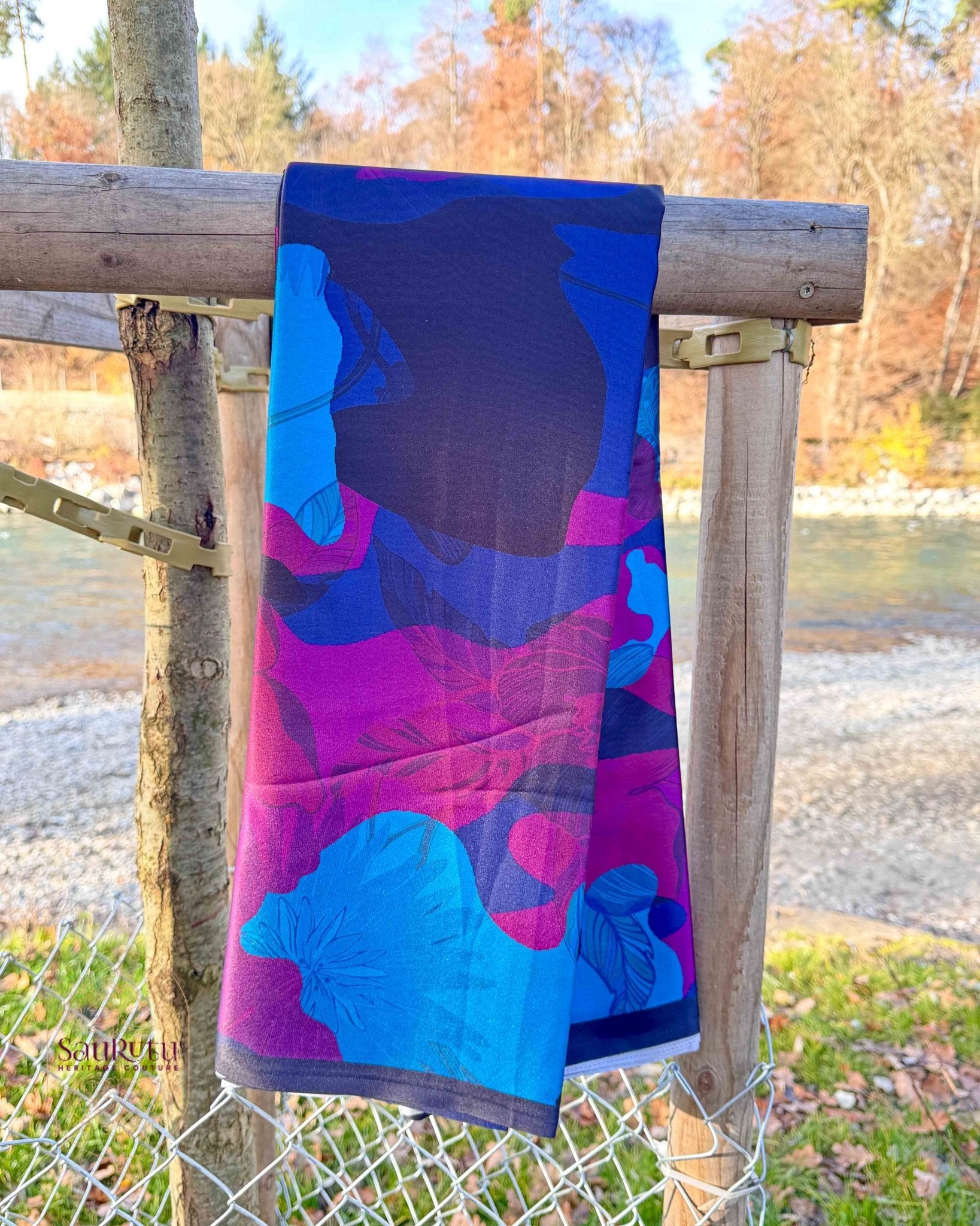 Ajrak - Inspired Digital Japan Satin Saree in Rich Indigo, Plum, and Teal hues - Saurutu Heritage Couture