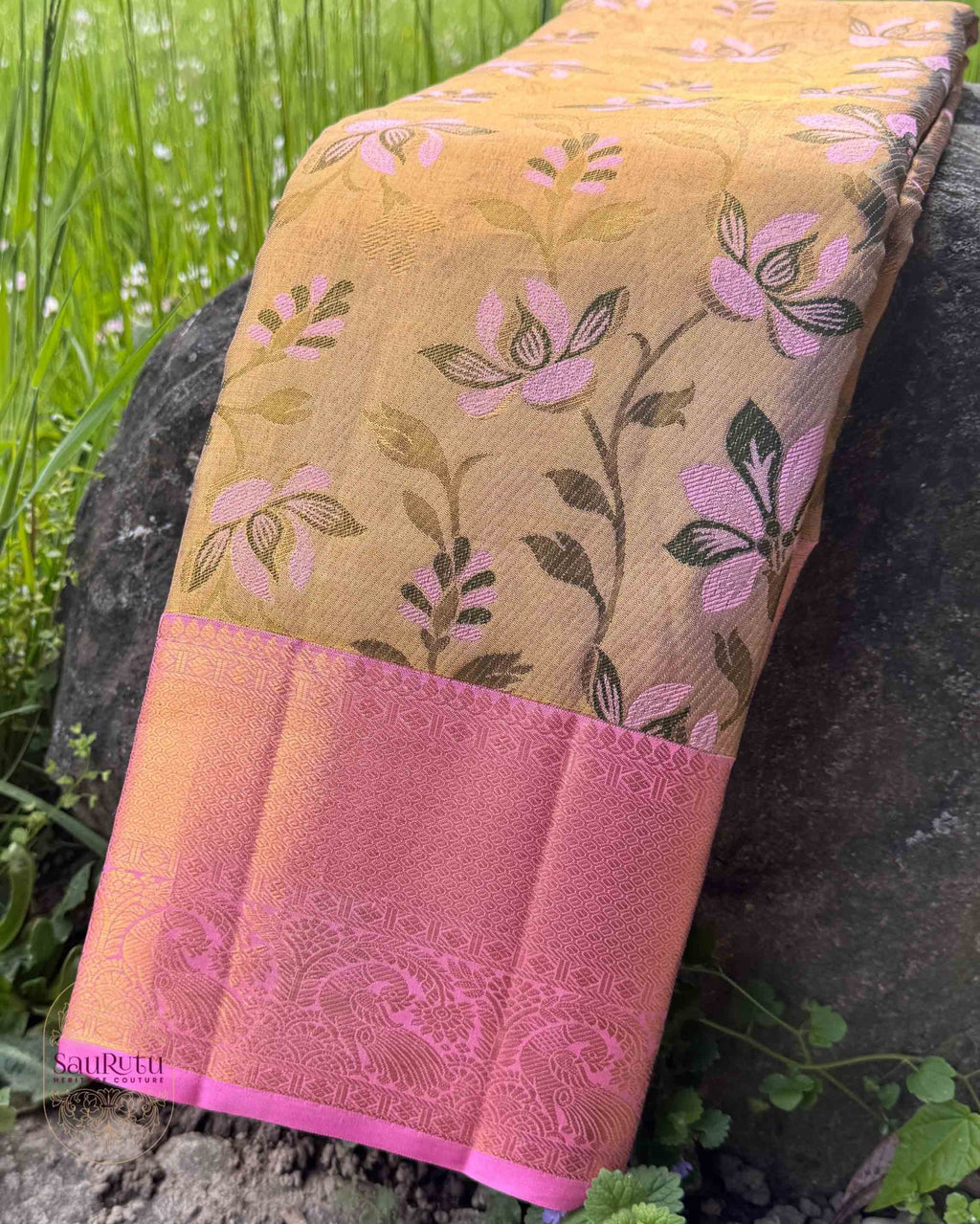 Antique Gold Brown Dharmavaram Tissue Brocade Saree - Saurutu Heritage Couture