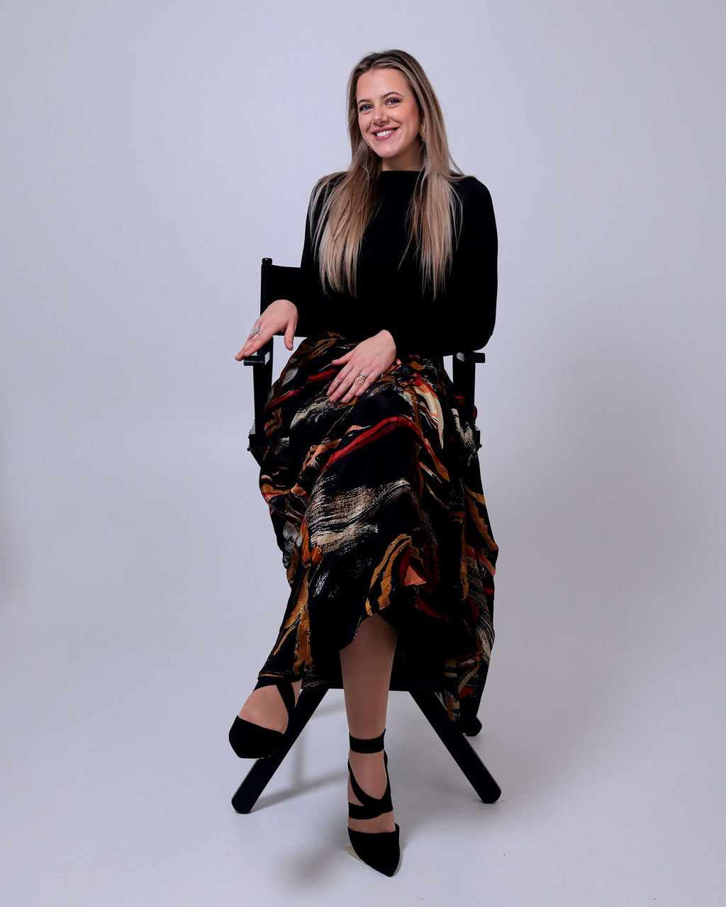Black Art-Print Pure Crepe Wrap Skirt - Saurutu Heritage Couture