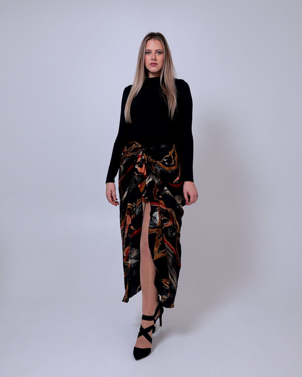 Black Art-Print Pure Crepe Wrap Skirt - Saurutu Heritage Couture