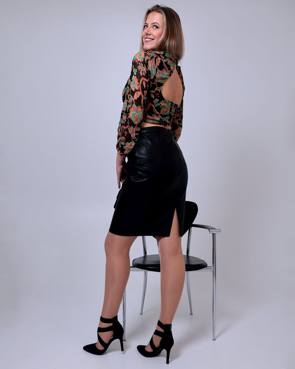 Elegant Swiss couture floral crop top with deep neckline by Saurutu Heritage Couture