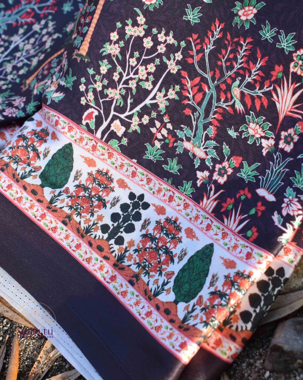 Brown Ajrakh - Inspired Satin Saree - Saurutu Heritage Couture