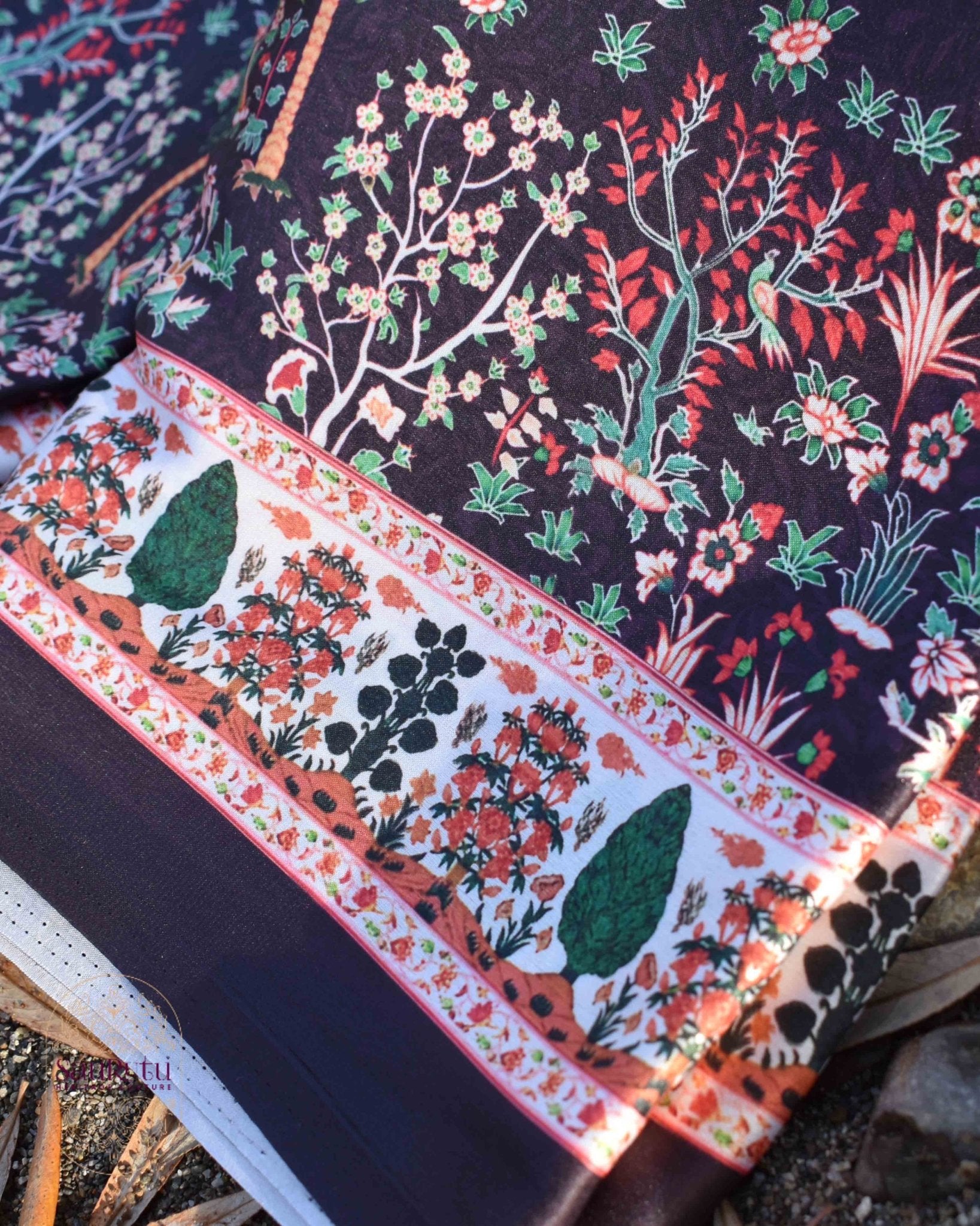 Brown Ajrakh - Inspired Satin Saree - Saurutu Heritage Couture