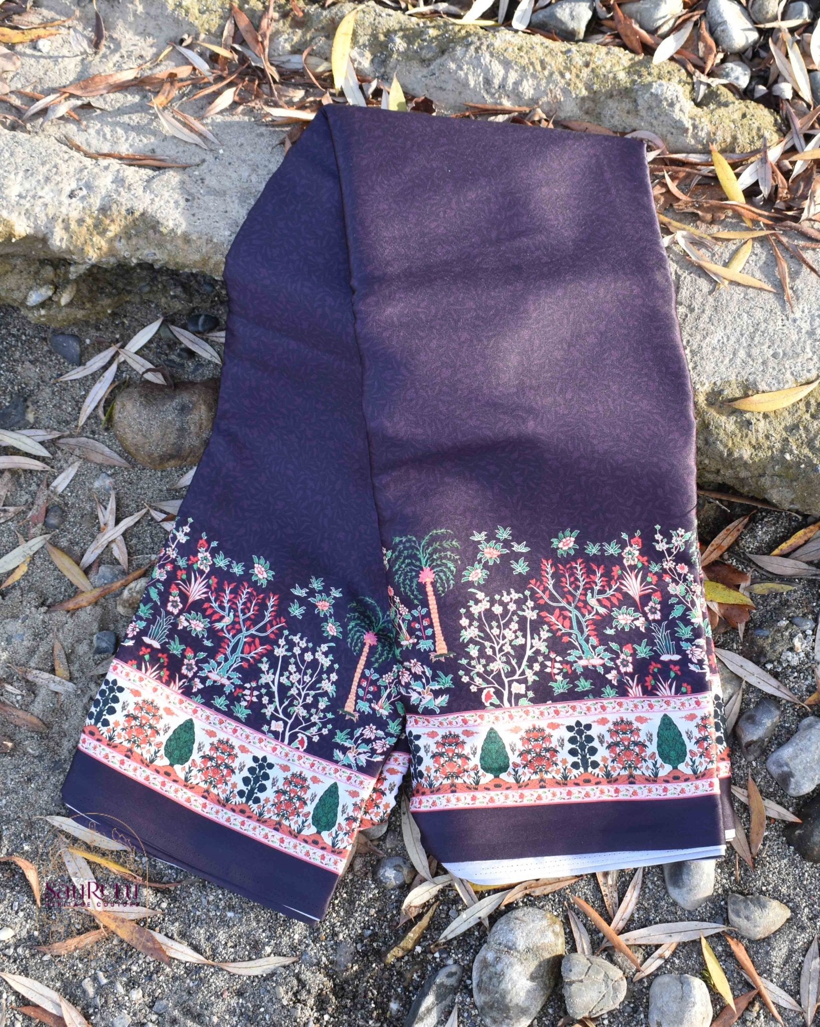 Brown Ajrakh - Inspired Satin Saree - Saurutu Heritage Couture