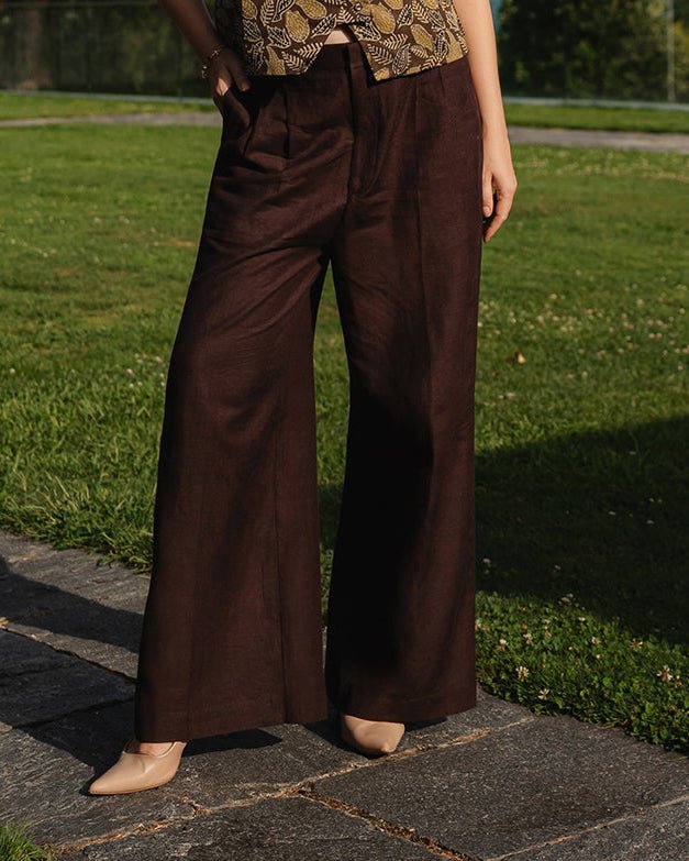 Brown Linen High Waisted Pants - Saurutu Heritage Couture