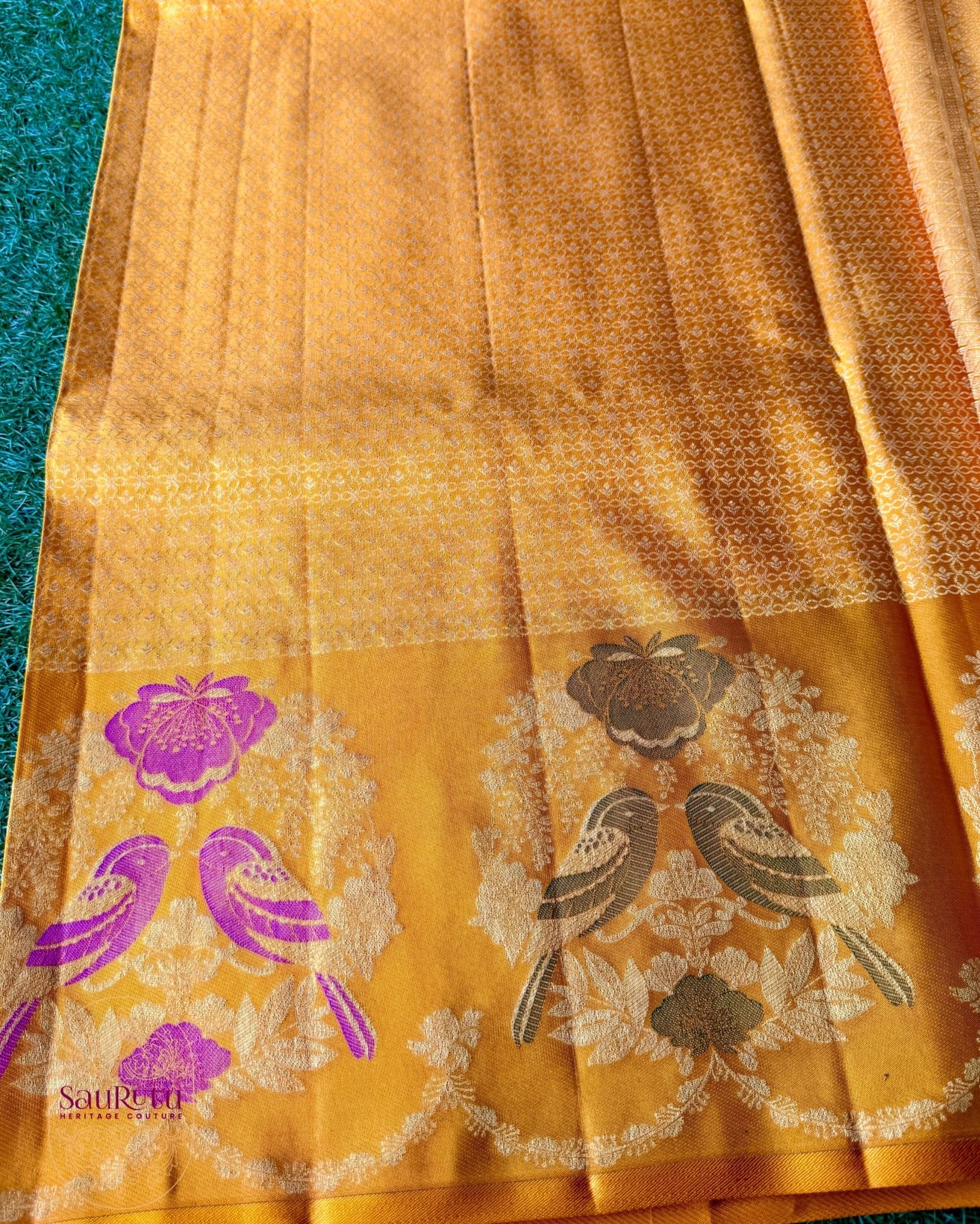 Golden Yellow Bangalore Brocade Silk Saree - Saurutu Heritage Couture