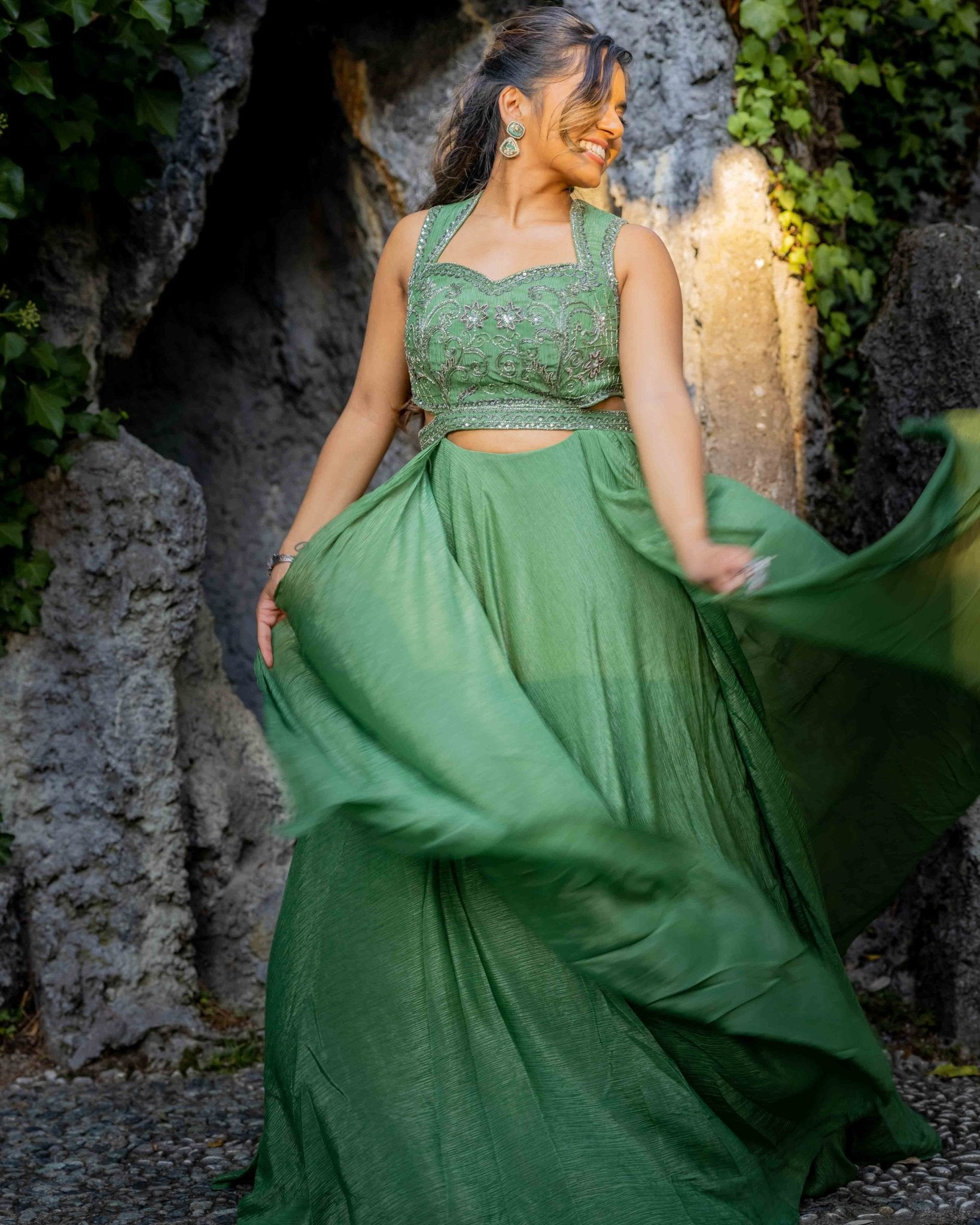 Green Embroidered Sleeveless Gown - Saurutu Heritage Couture