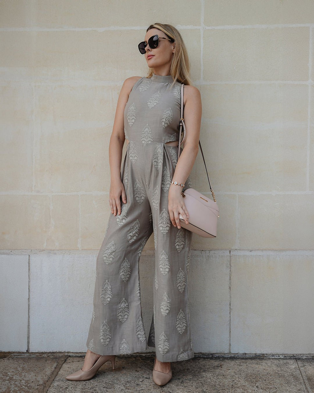 Grey Sleeveless Mul Chanderi Jumpsuit - Saurutu Heritage Couture