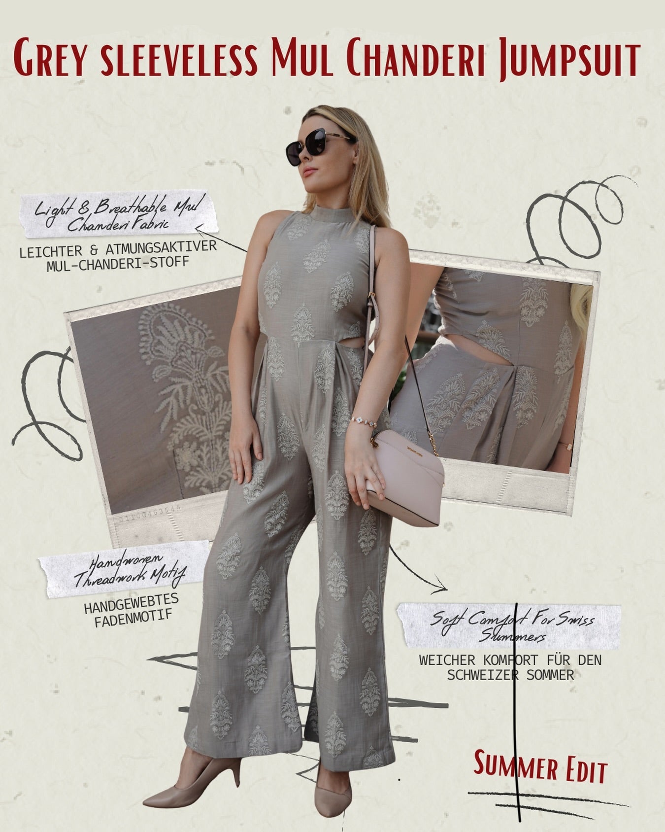 Grey Sleeveless Mul Chanderi Jumpsuit - Saurutu Heritage Couture