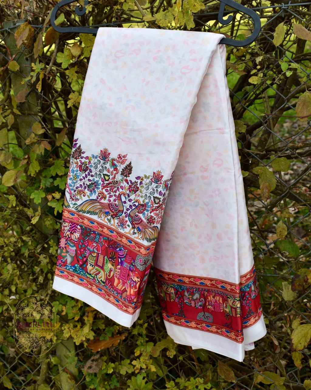 Ivory Ajrakh Border Satin Saree - Saurutu Heritage Couture