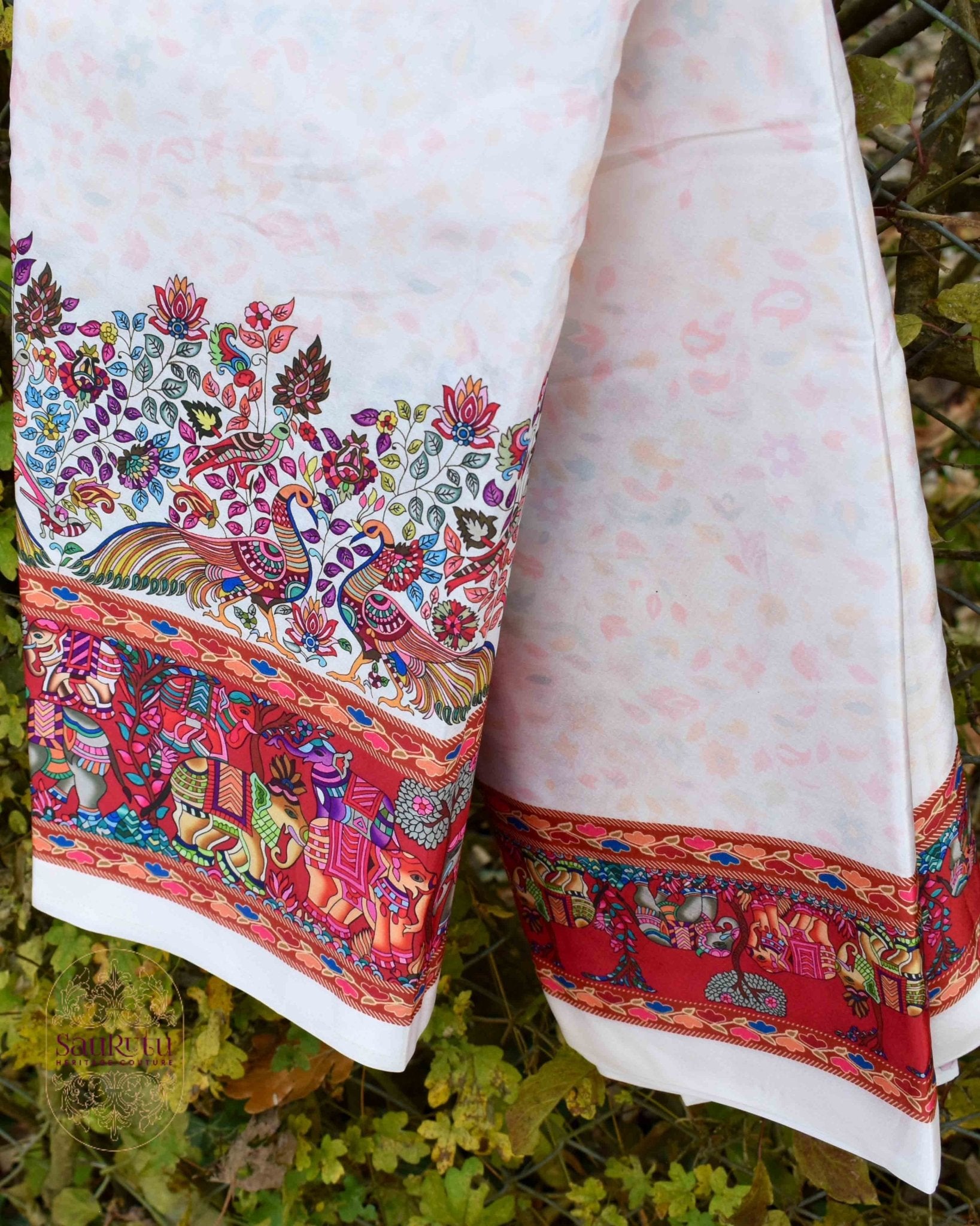 Ivory Ajrakh Border Satin Saree - Saurutu Heritage Couture