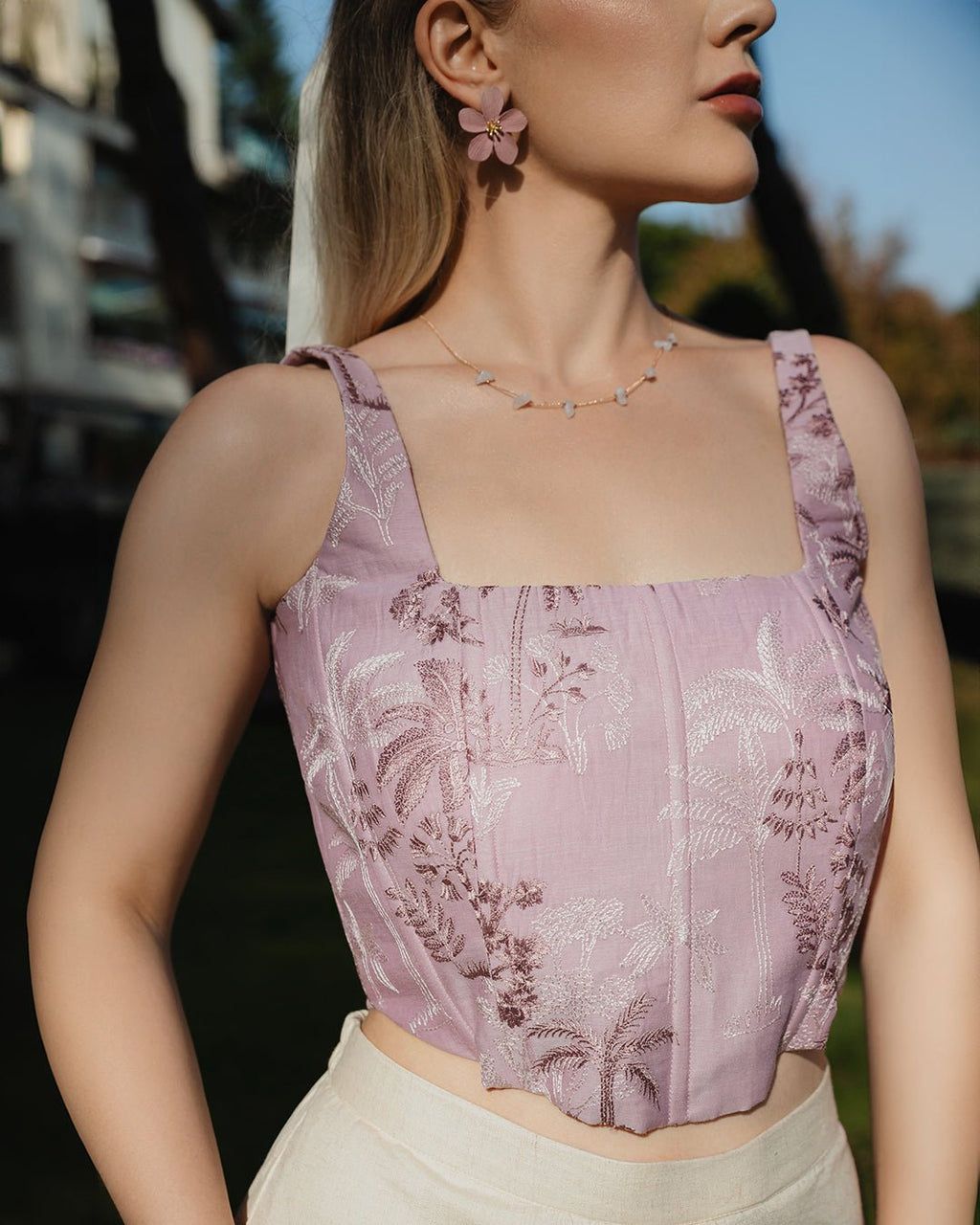 Lilac Thread Embroidery Mul Chanderi Corset Top - Saurutu Heritage Couture