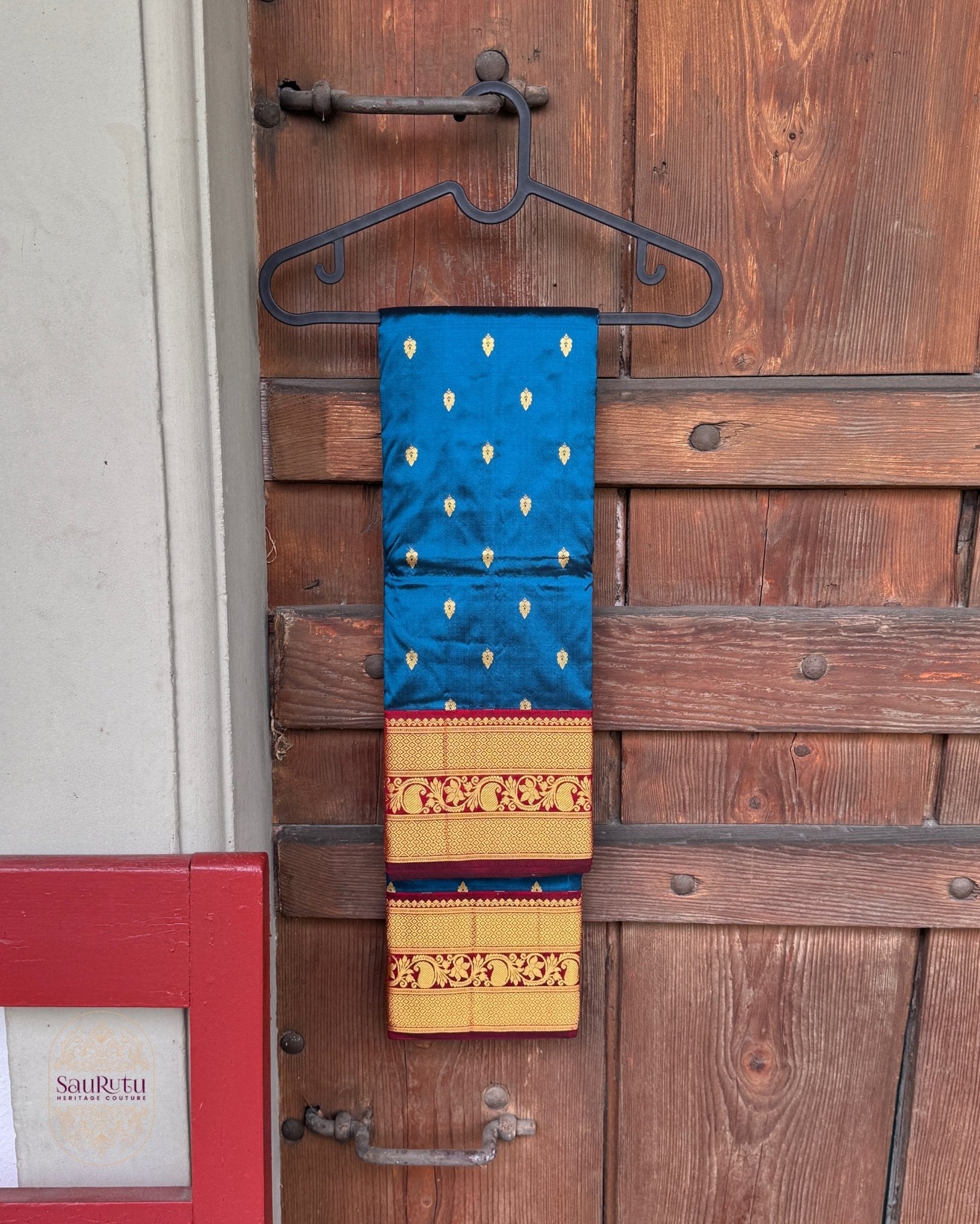 Peacock Blue Bangalore Kanchi Silk Saree with Maroon Zari Border - Saurutu Heritage Couture