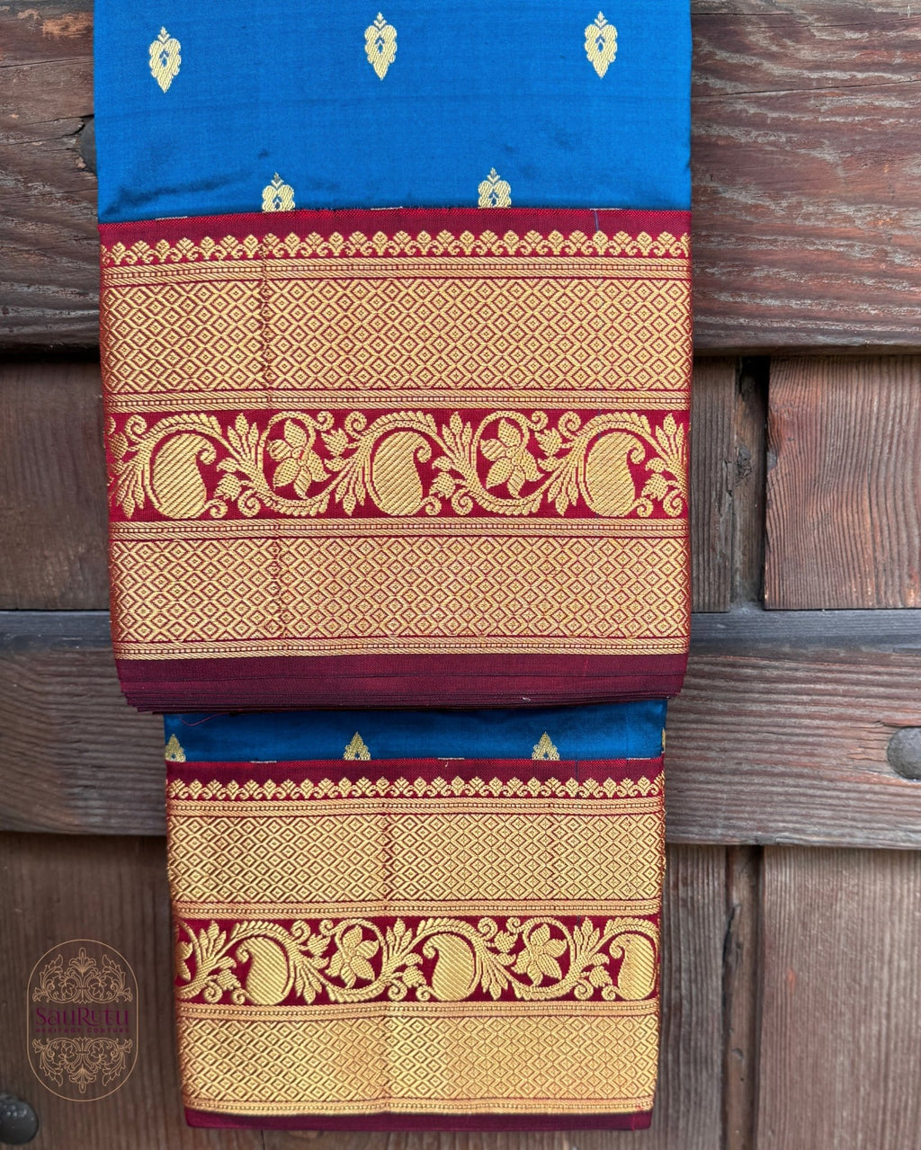 Peacock Blue Bangalore Kanchi Silk Saree with Maroon Zari Border - Saurutu Heritage Couture