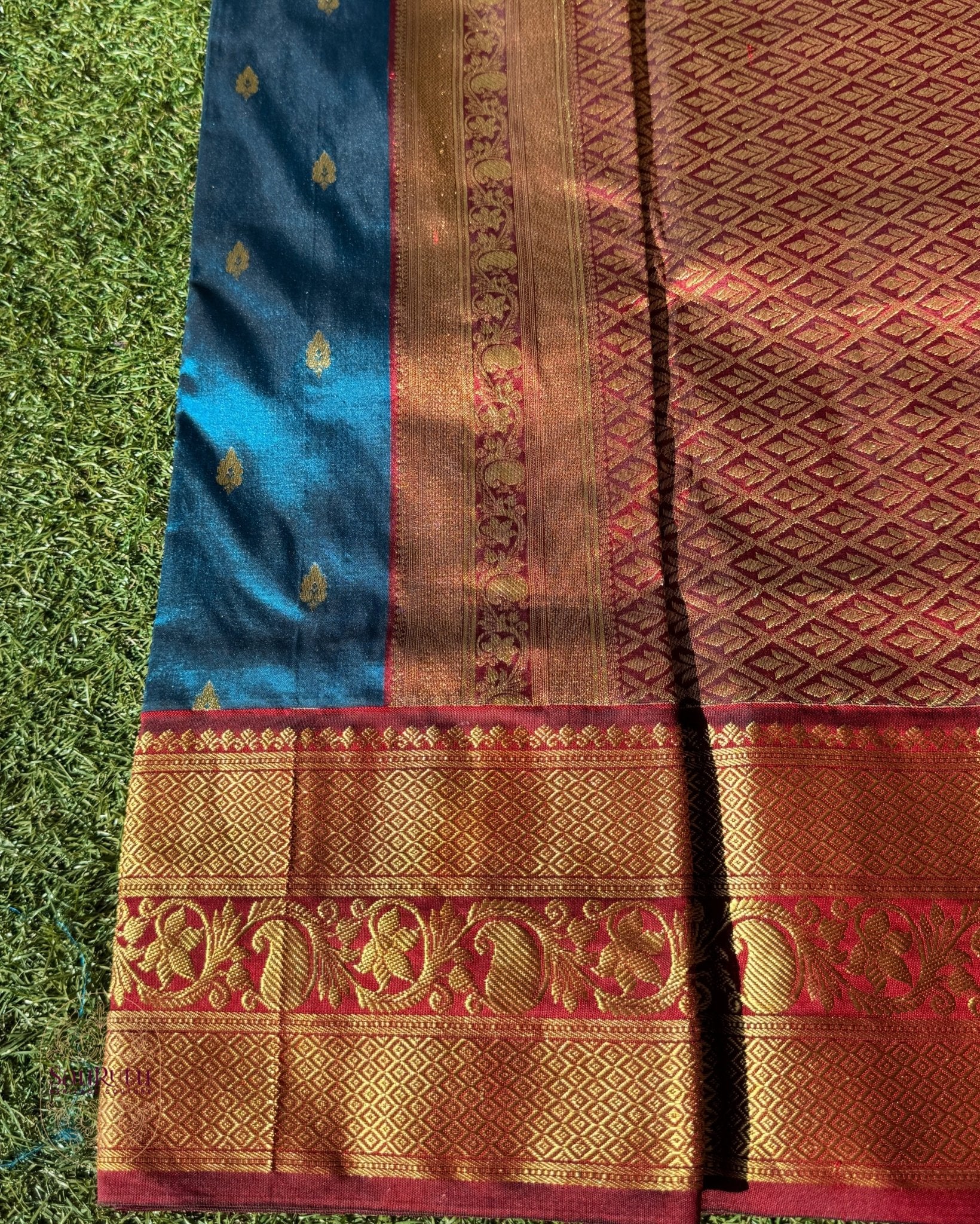 Peacock Blue Bangalore Kanchi Silk Saree with Maroon Zari Border - Saurutu Heritage Couture