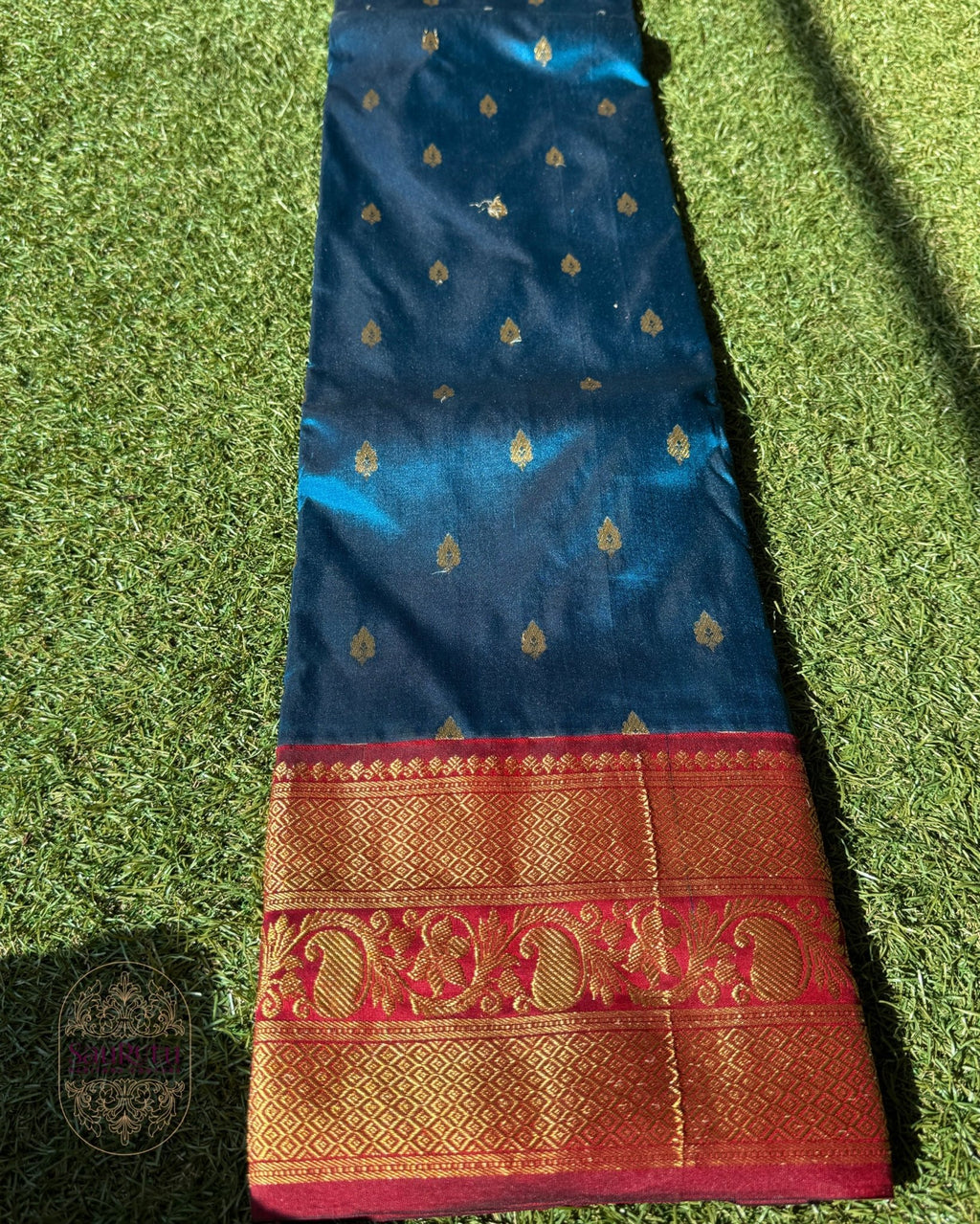 Peacock Blue Bangalore Kanchi Silk Saree with Maroon Zari Border - Saurutu Heritage Couture