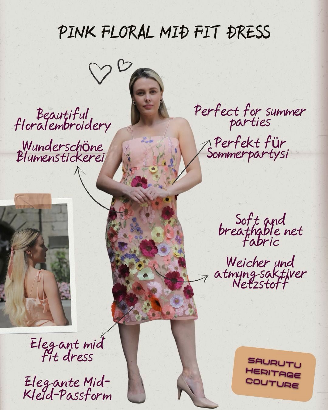 Pink Net Floral Embroidery Midi Dress - Saurutu Heritage Couture