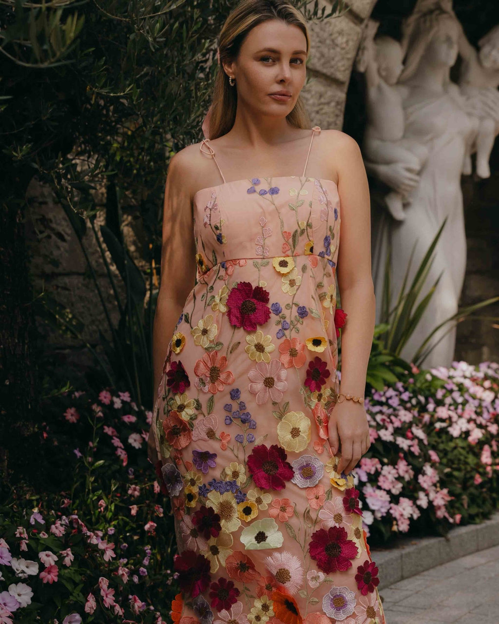 Pink floral embroidery midi dress for women
